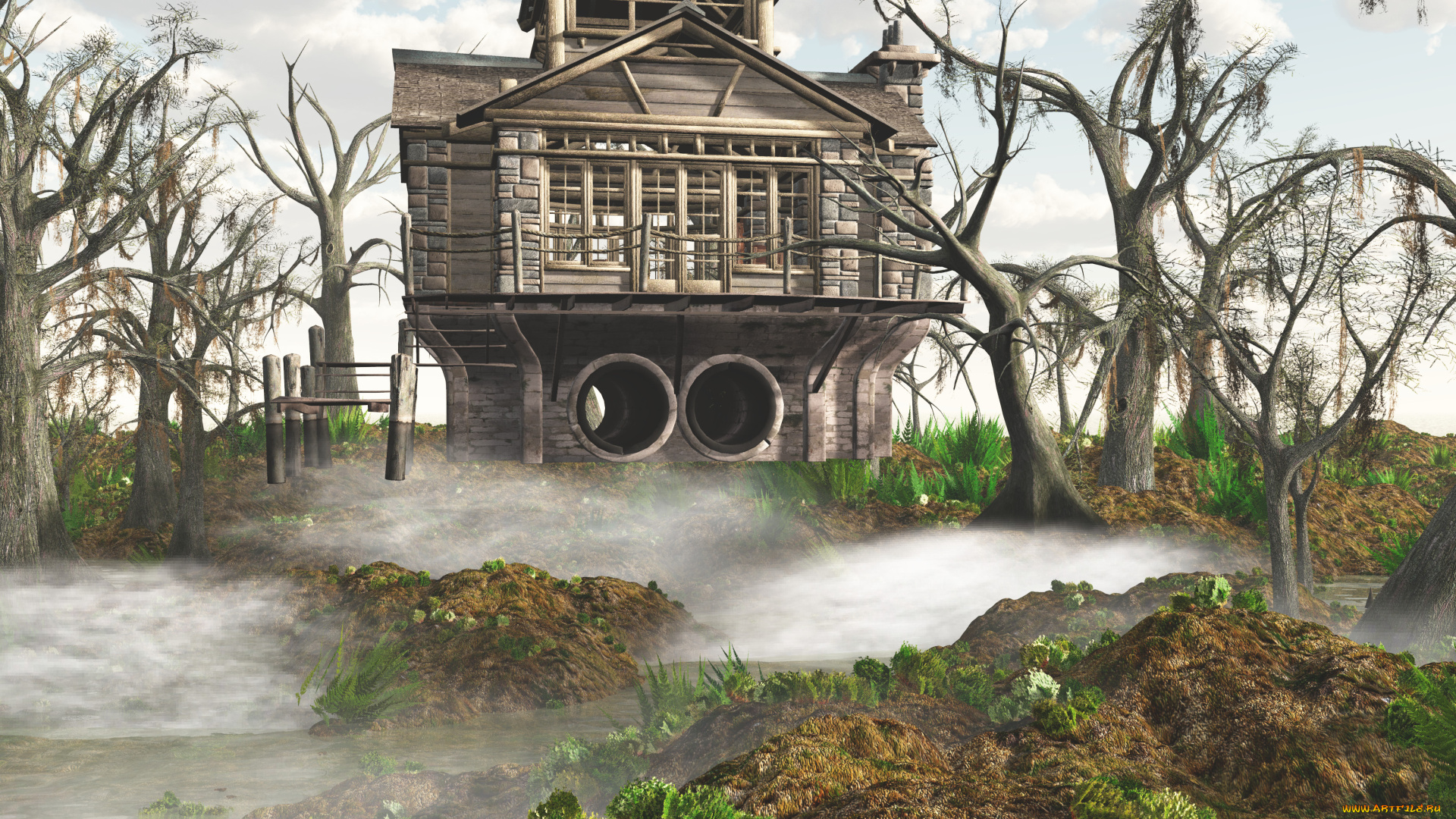 3д, графика, реализм, , realism, дом, деревья