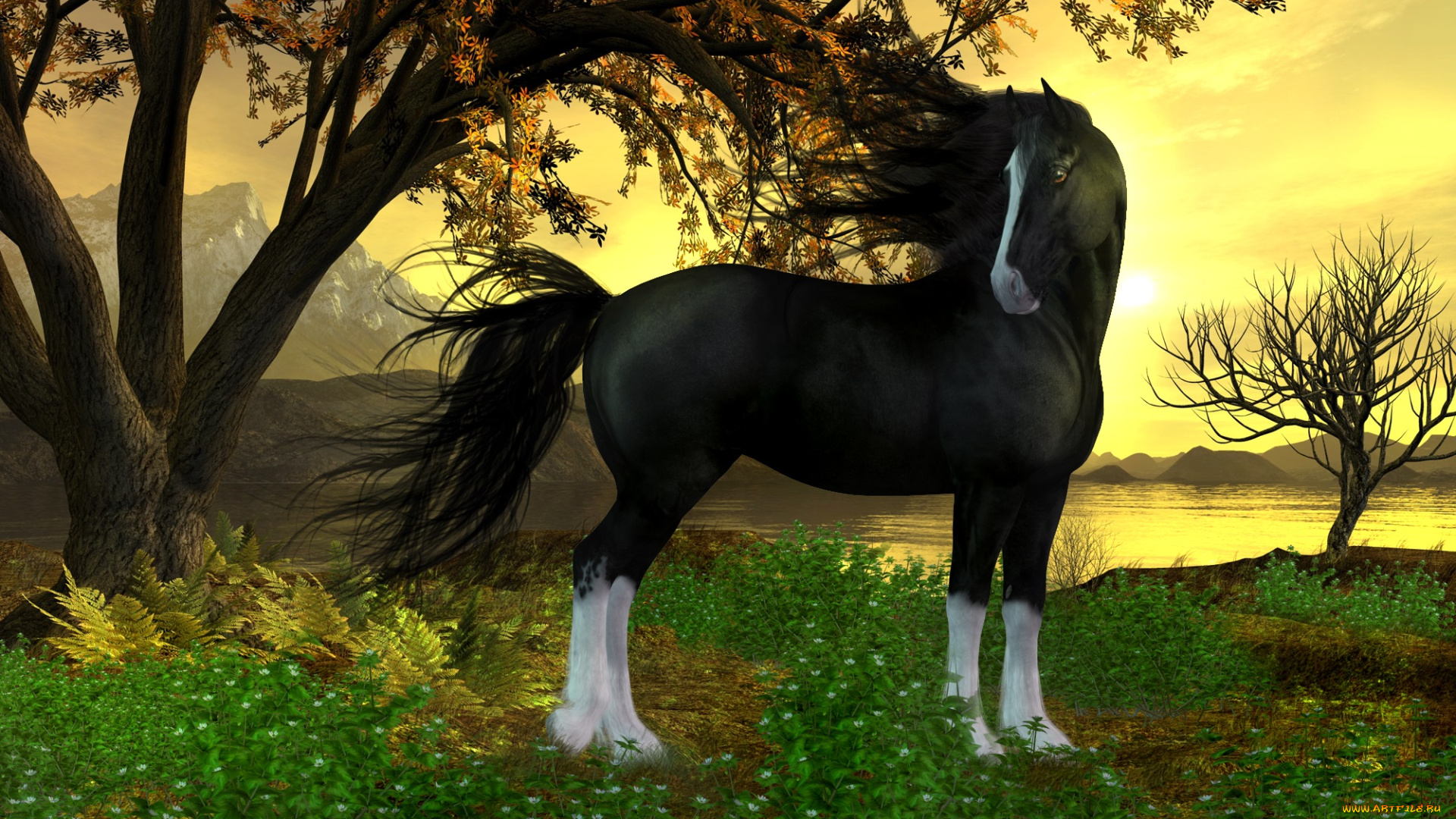 3д, графика, животные, , animals, деревья, озеро, трава, лошадь