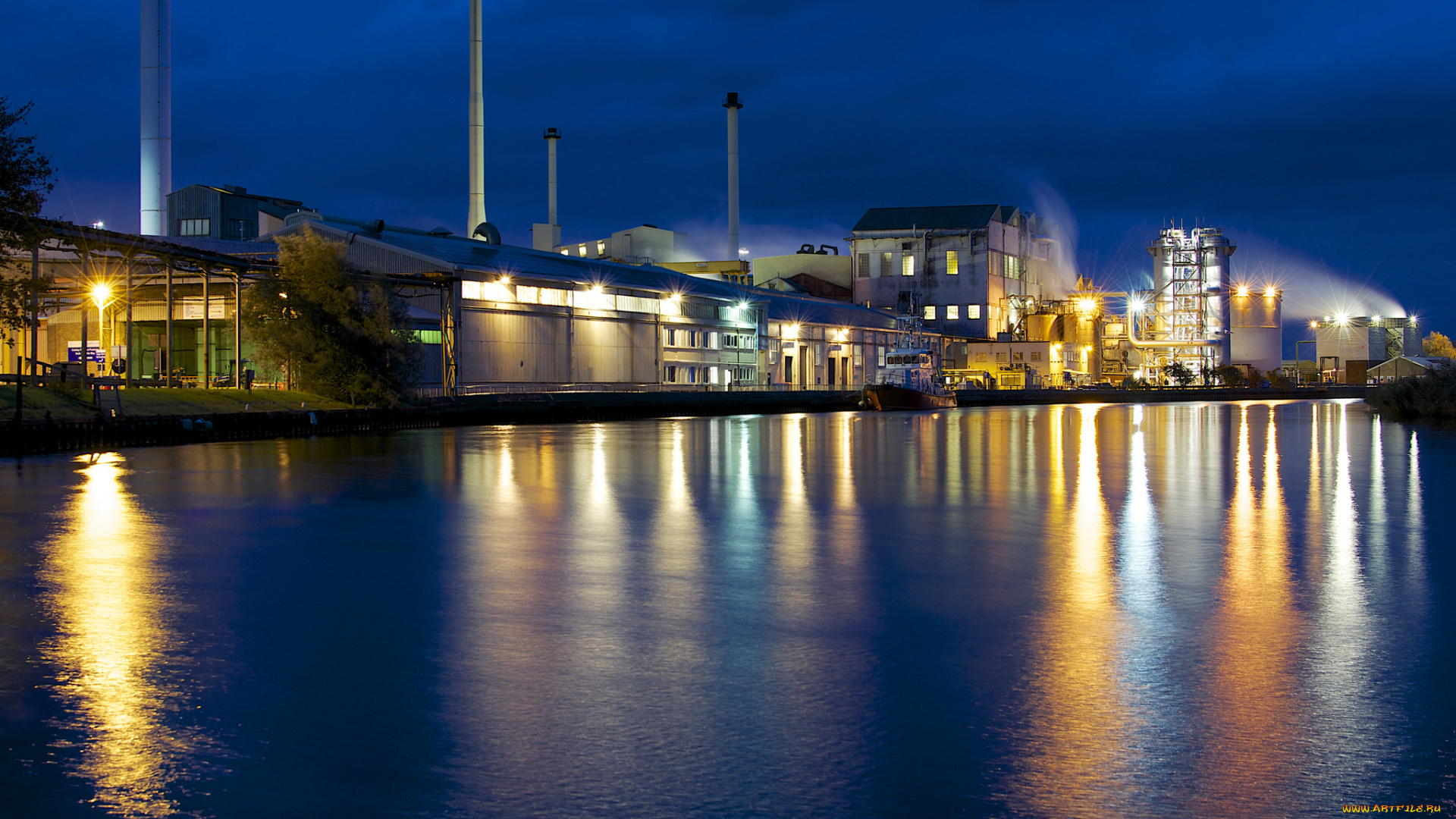 города, -, огни, ночного, города, блики, ночь, вода, трубы, здания, катер, завод, отражение