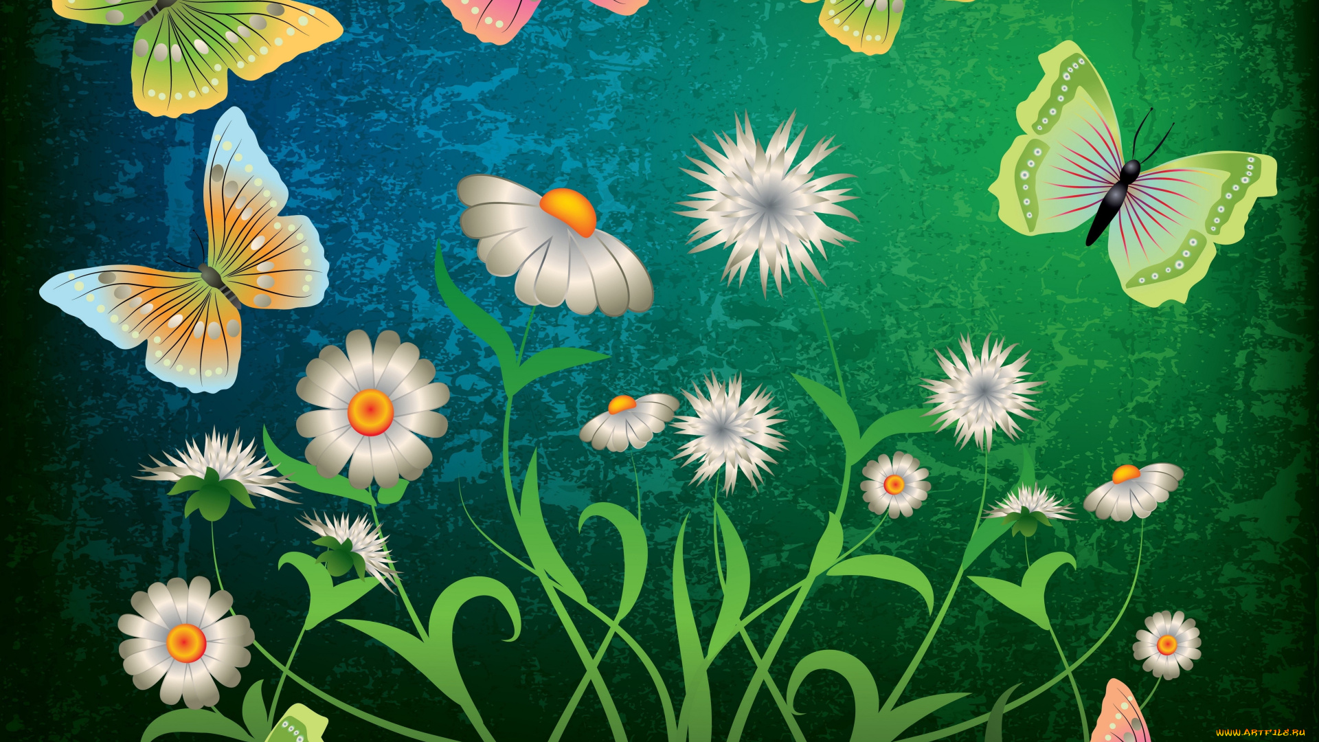 векторная, графика, животные, flowers, butterflies, grunge, abstract, цветы, бабочки, green, design