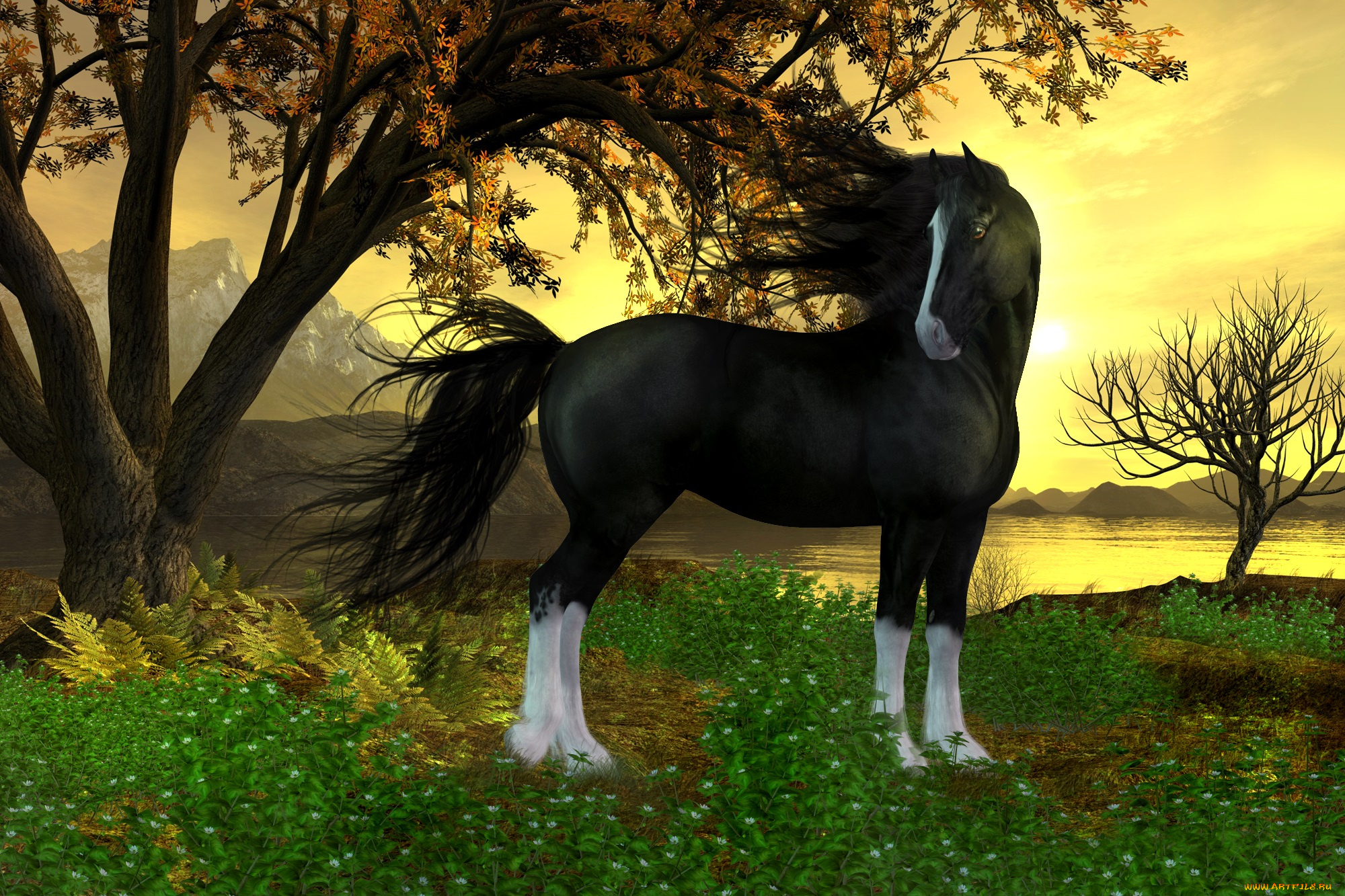 3д, графика, животные, , animals, деревья, озеро, трава, лошадь