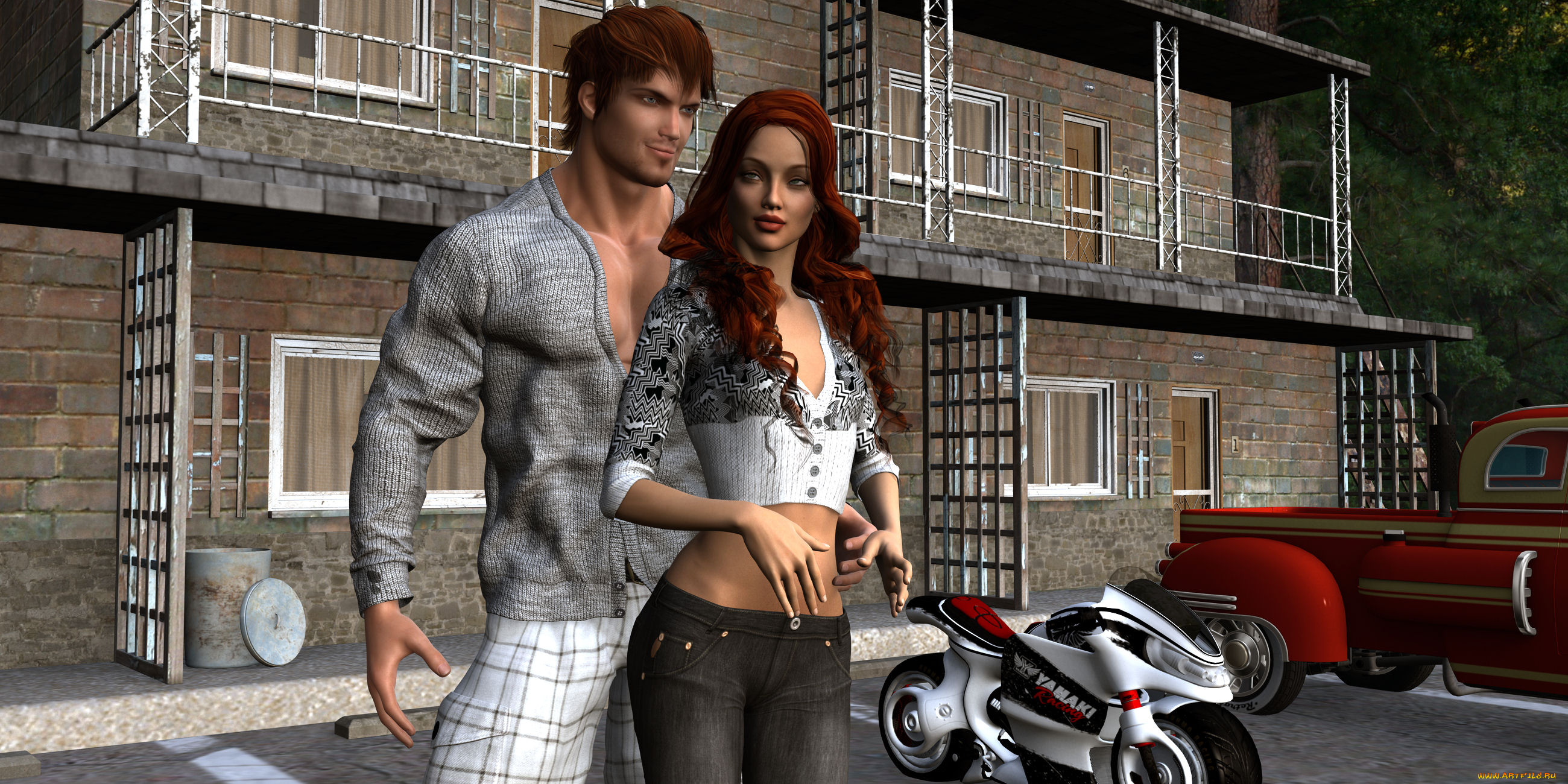 3д, графика, люди, , people, автомобиль, мотоцикл, взгляд, мужчина