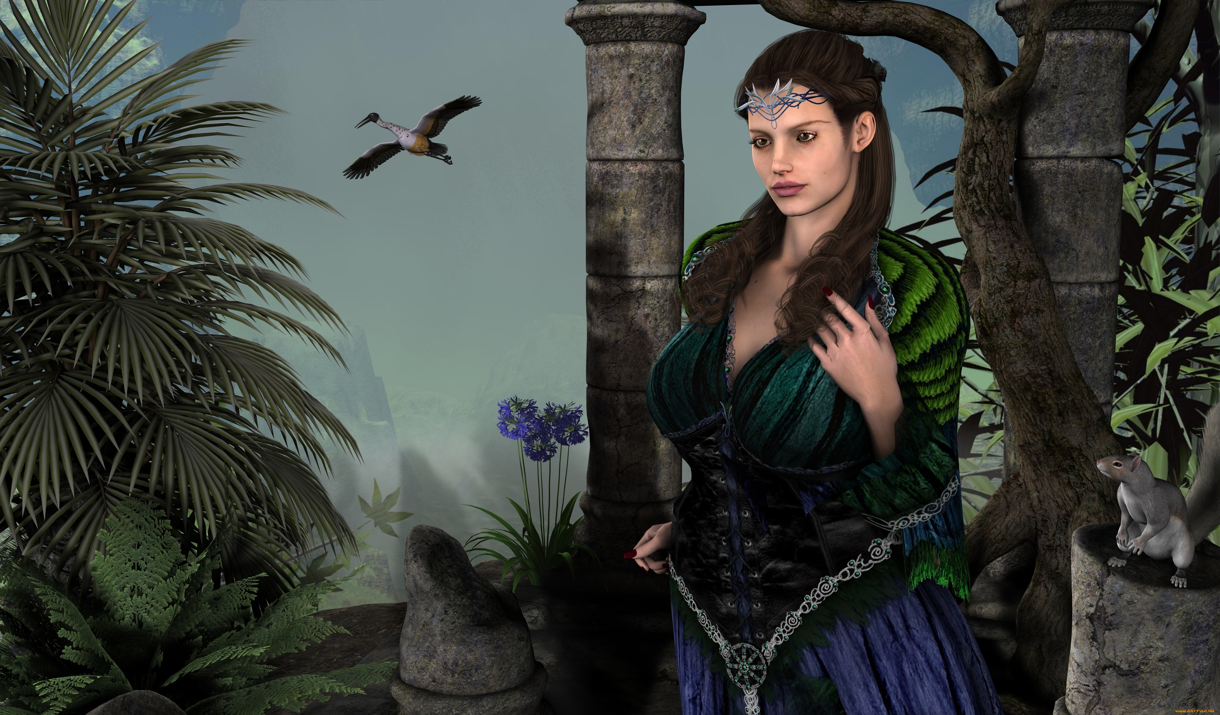 3д, графика, фантазия, , fantasy, взгляд, цветы, деревья, белка, девушка, птица