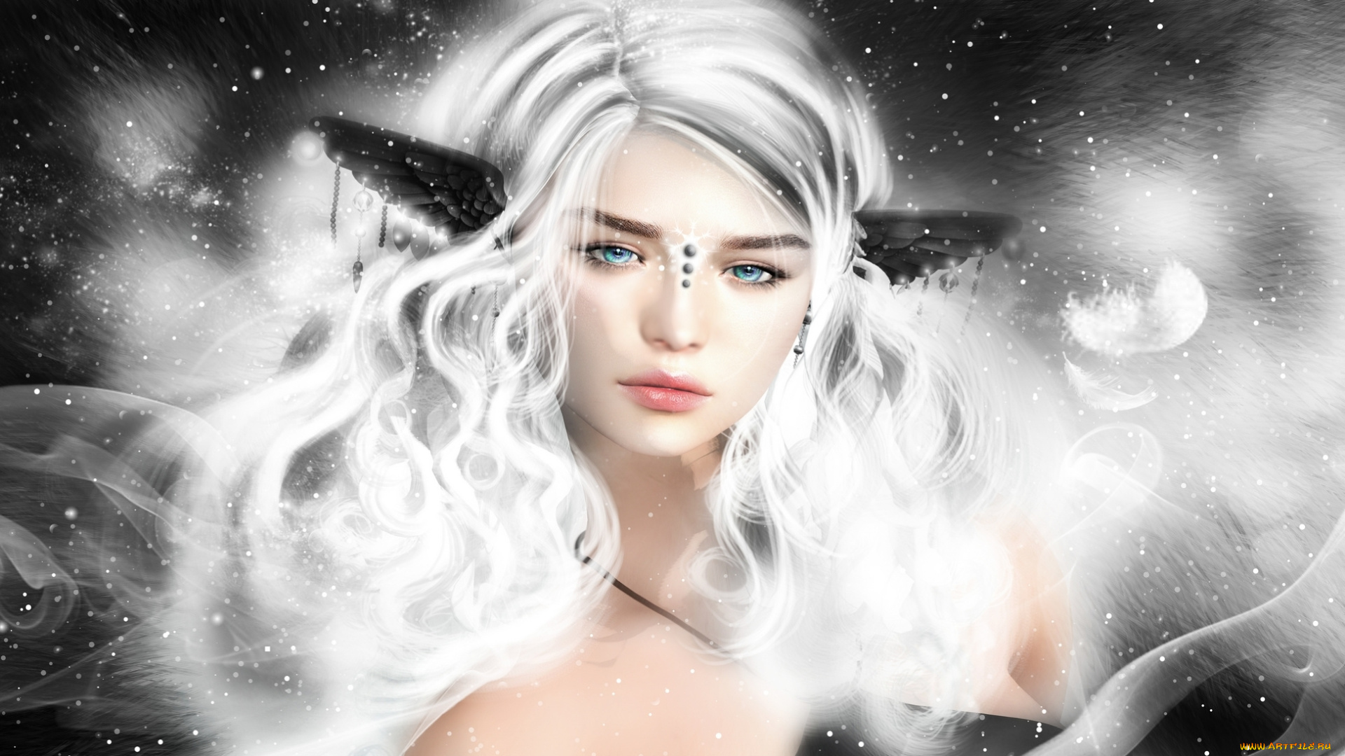 3д, графика, фантазия, , fantasy, украшения, перья, фэнтези, волосы, девушка