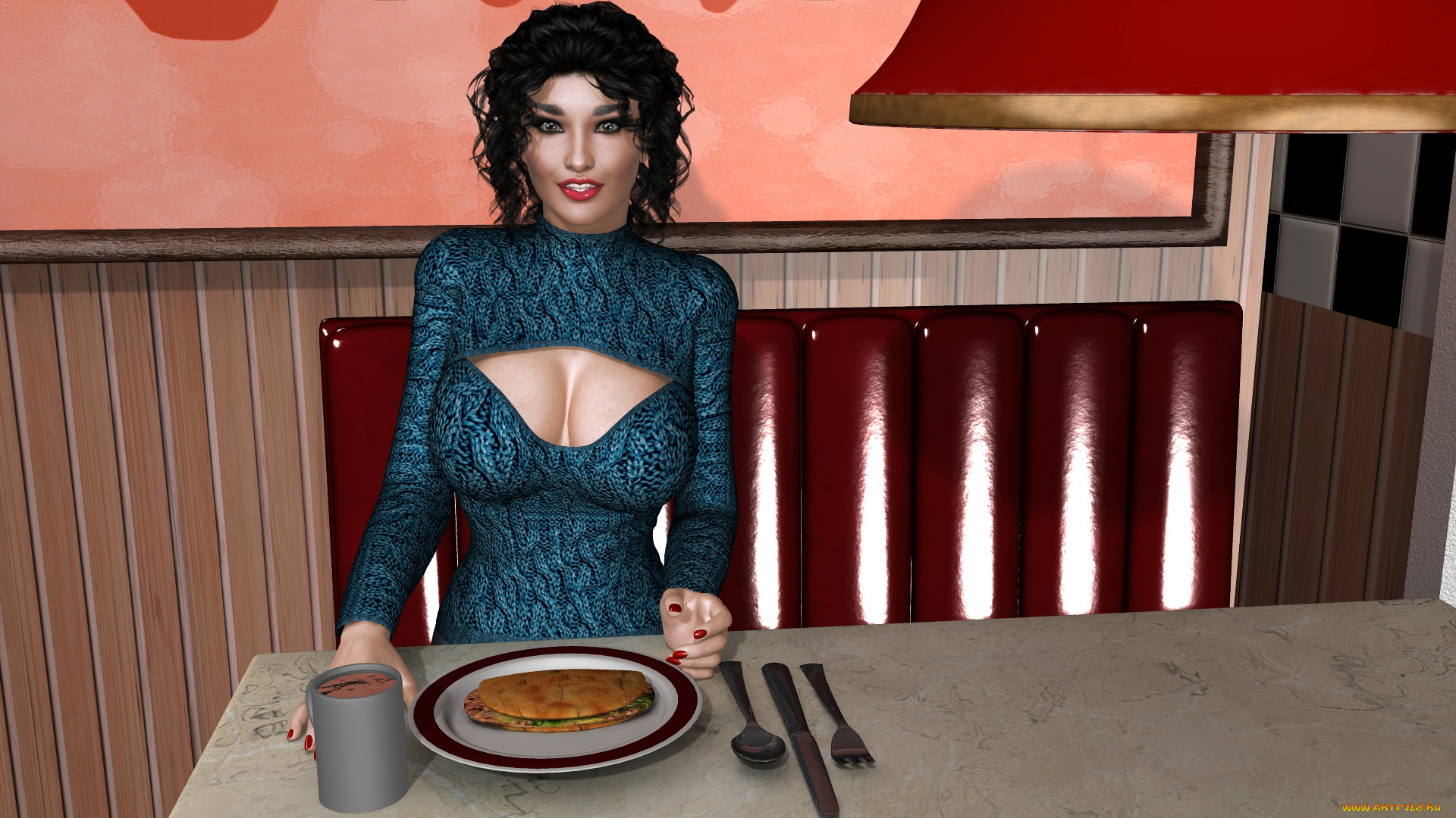 3д, графика, люди, , people, фон, интерьер, завтрак, взгляд, девушка