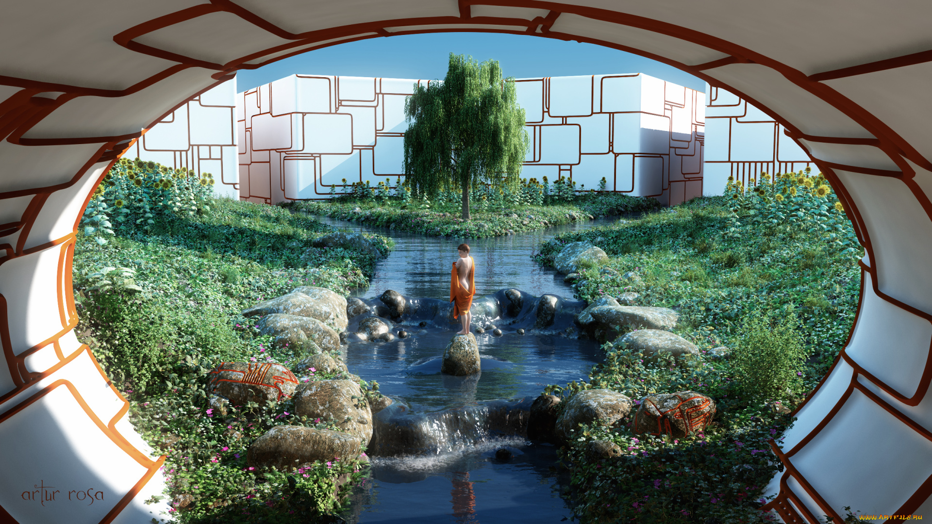 3д, графика, люди, , people, фон, камни, деревья, взгляд, девушка, ручей