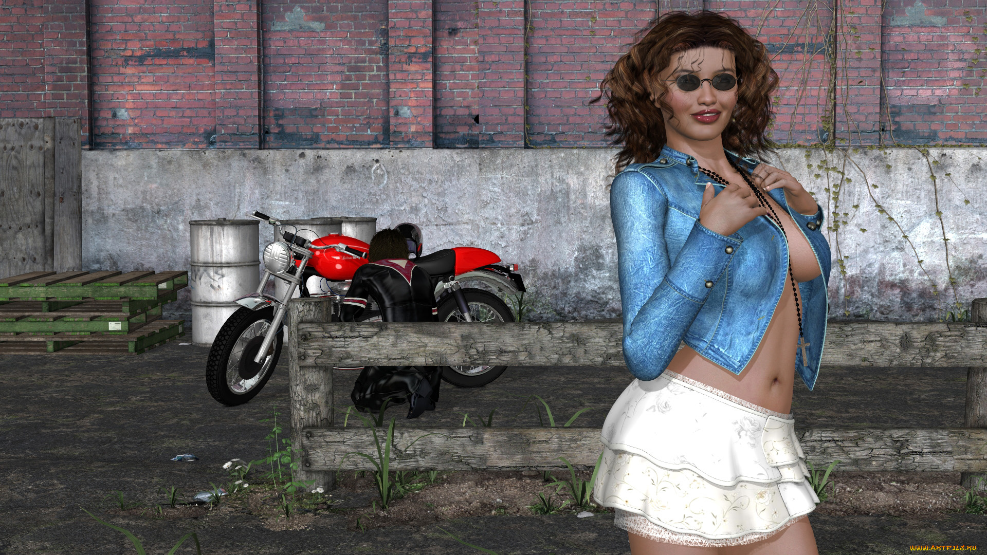 3д, графика, люди, , people, мотоцикл, мотоциклист, фон, взгляд, девушка