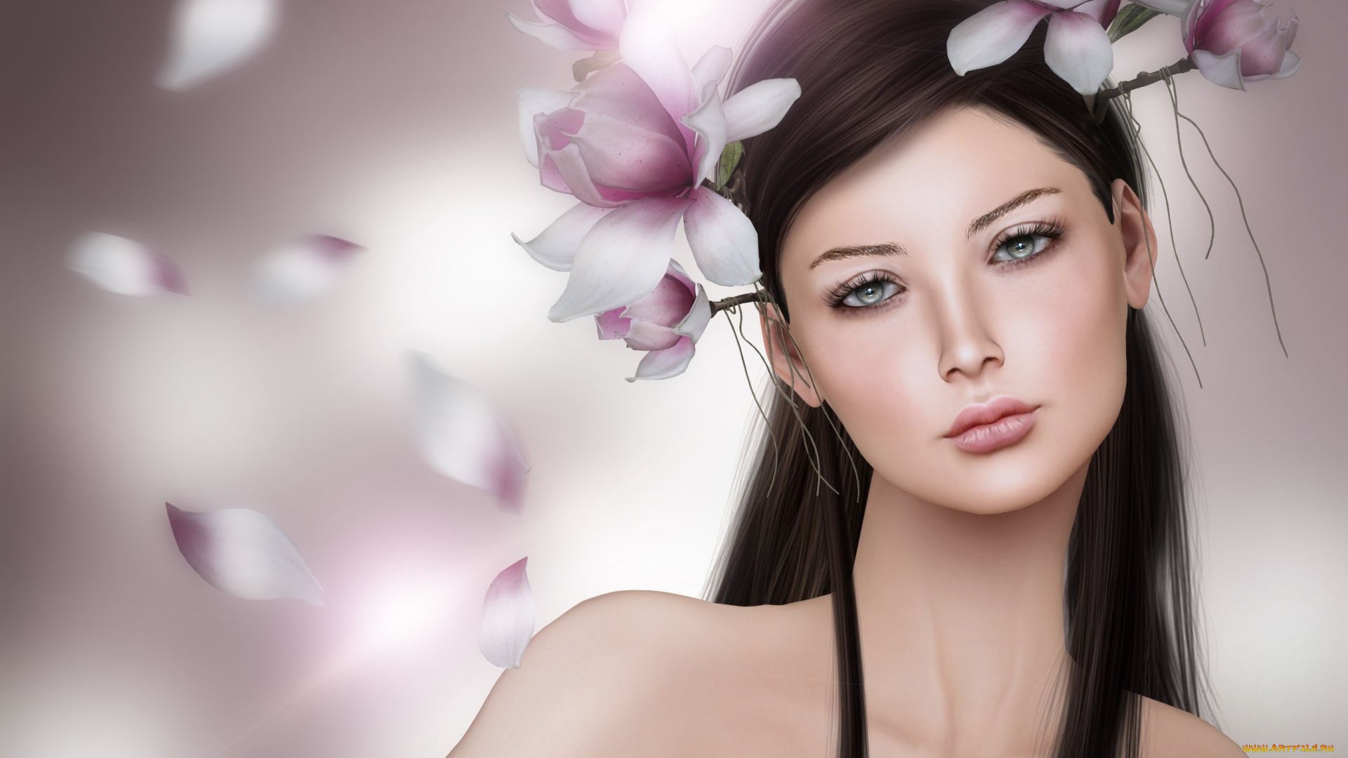 3д, графика, портрет, , portraits, магнолия, девушка, брюнетка, портрет, венок, цветы
