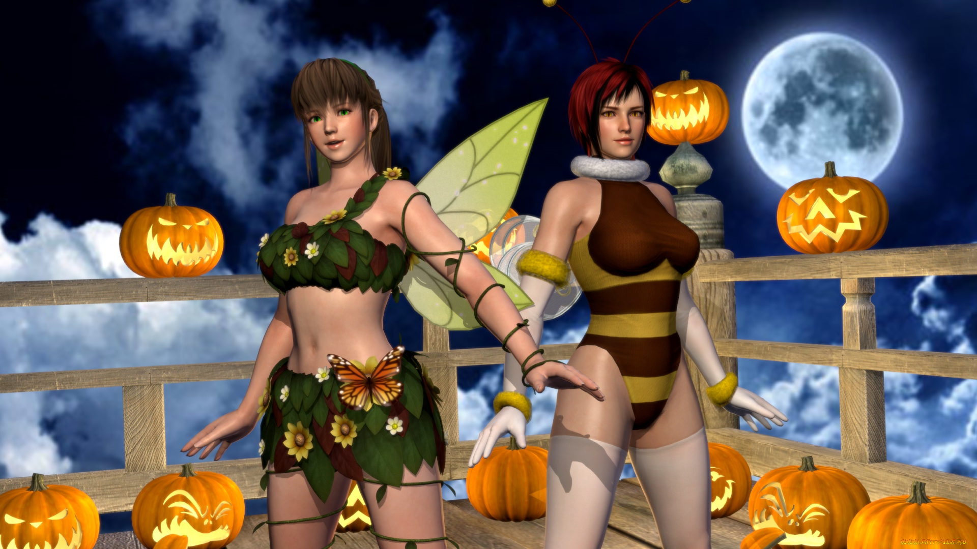 3д, графика, праздники, , holidays, тыквы, фон, взгляд, девушки