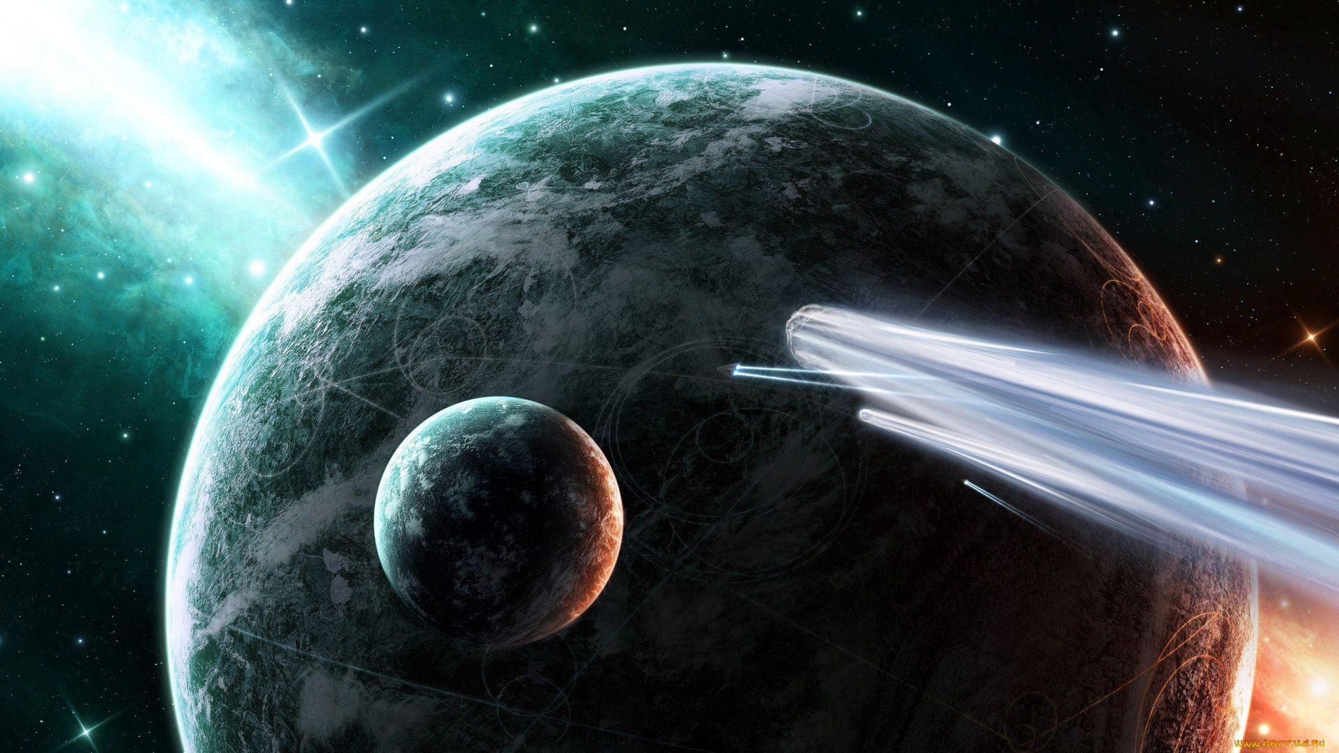 космос, арт, метеорит, космический, корабль, звезды, спутник, планета