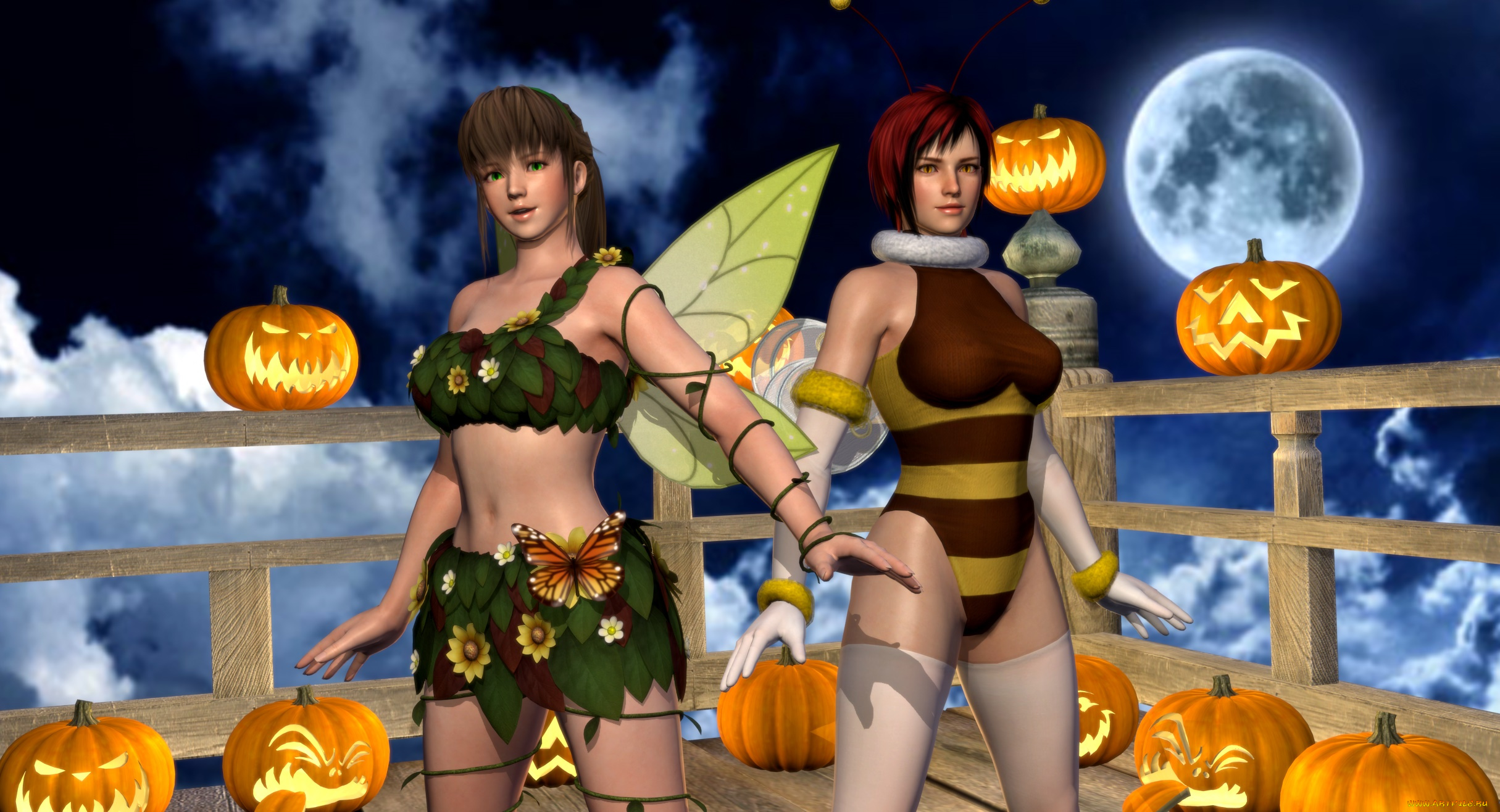 3д, графика, праздники, , holidays, тыквы, фон, взгляд, девушки