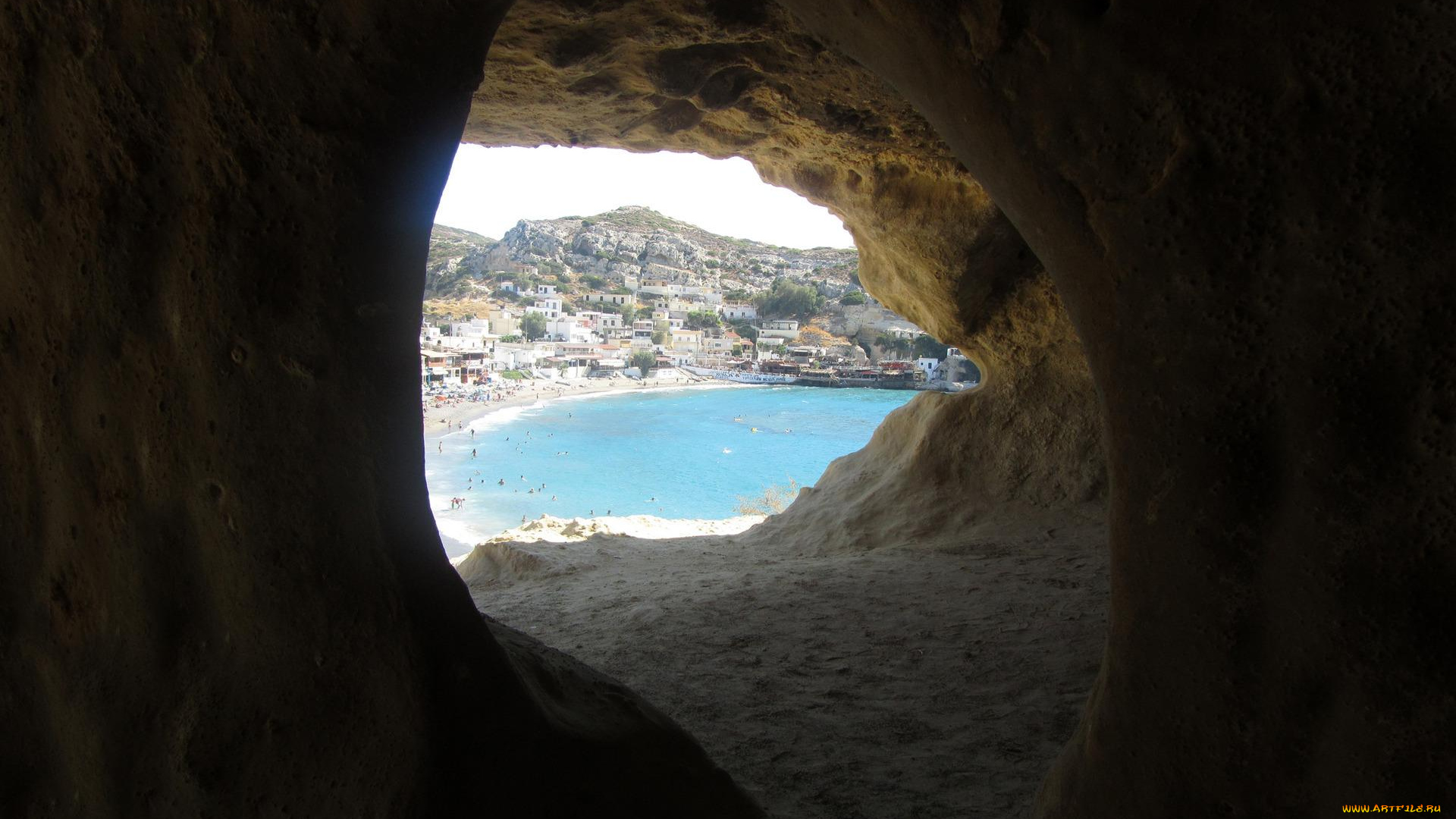 matala, cave, города, -, пейзажи, пещера, поселок, море, скалы, пляж