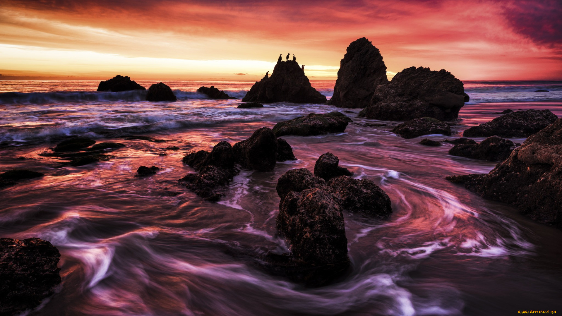природа, побережье, закат, волны, камни
