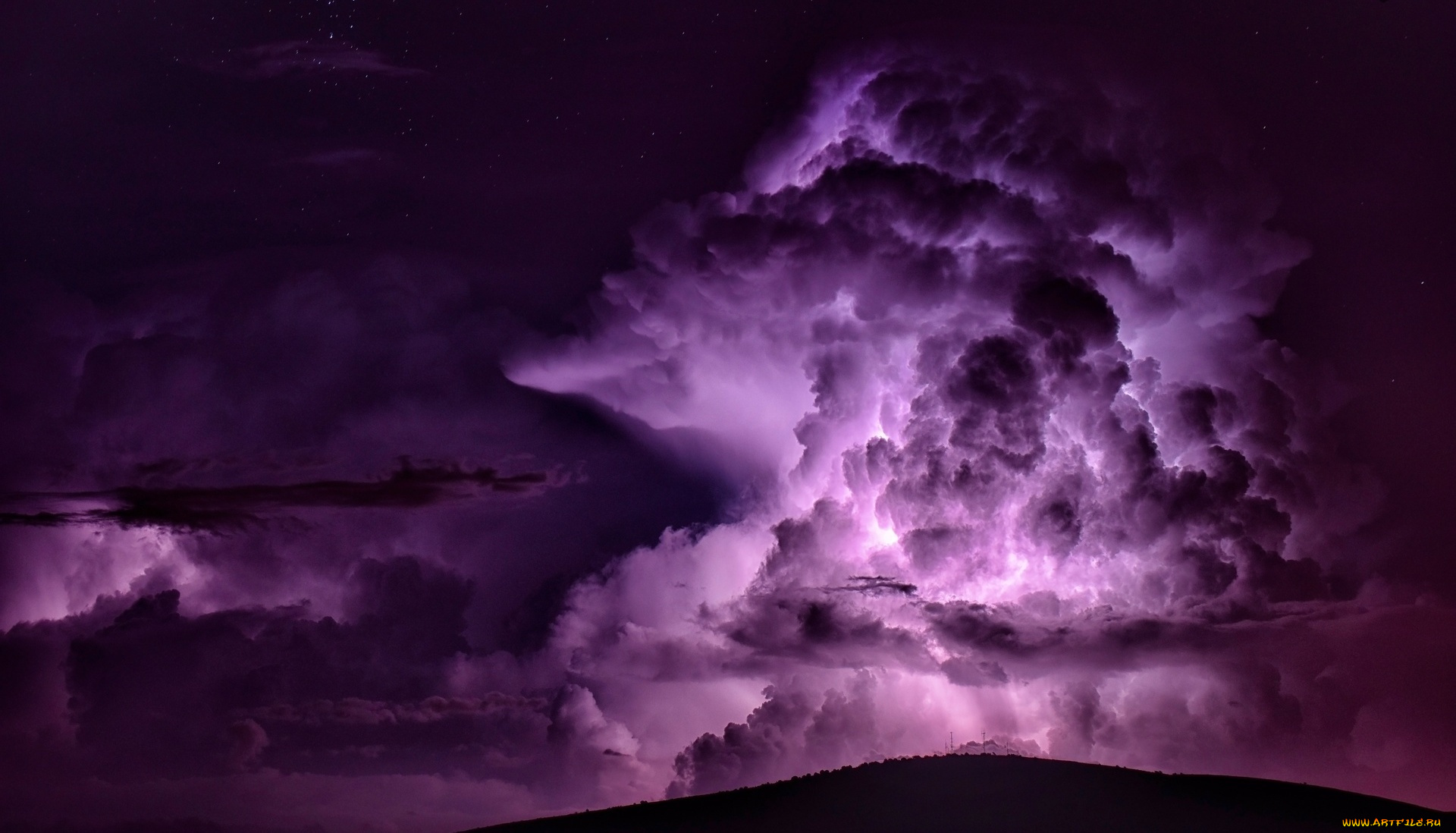 природа, облака, сумерки, небо, холм