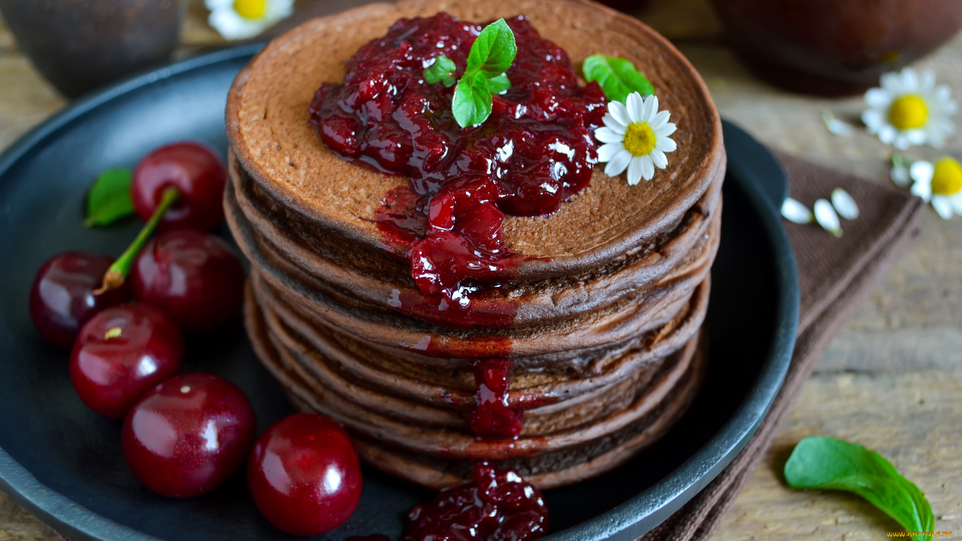 еда, блины, , оладьи, варенье, вишня