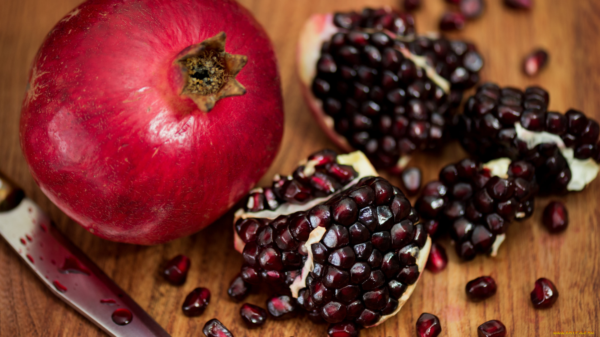 еда, гранат, нож, зерна