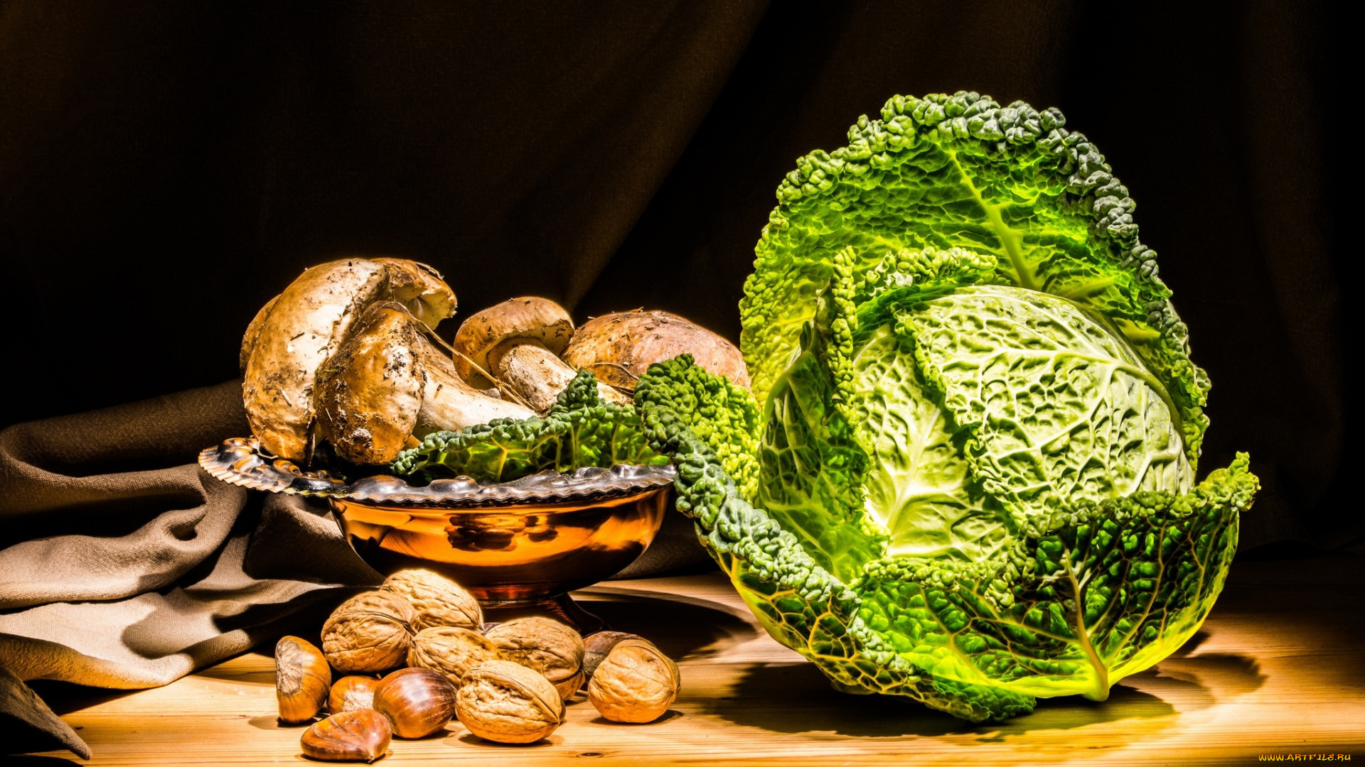 еда, разное, орехи, натюрморт, капуста