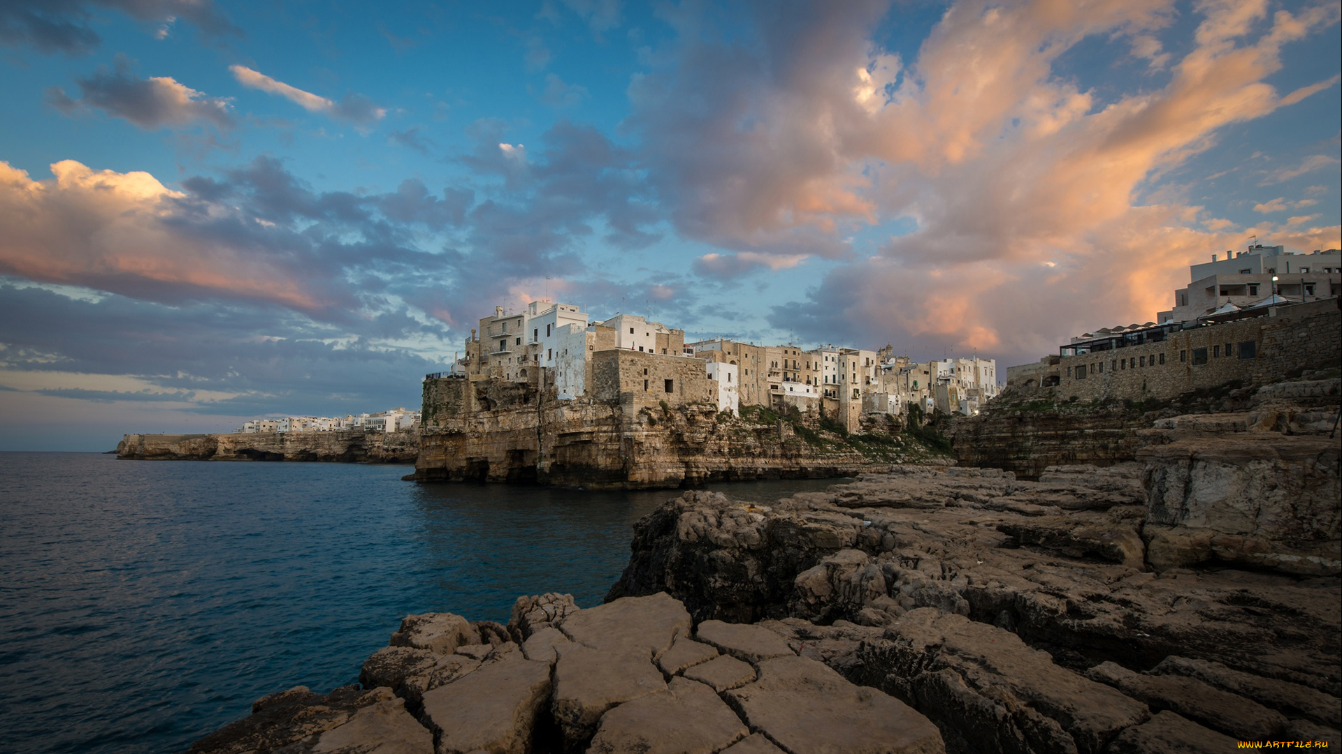 города, -, пейзажи, море, полиньяно-а-маре, дома, италия, пейзаж, скалы, камни