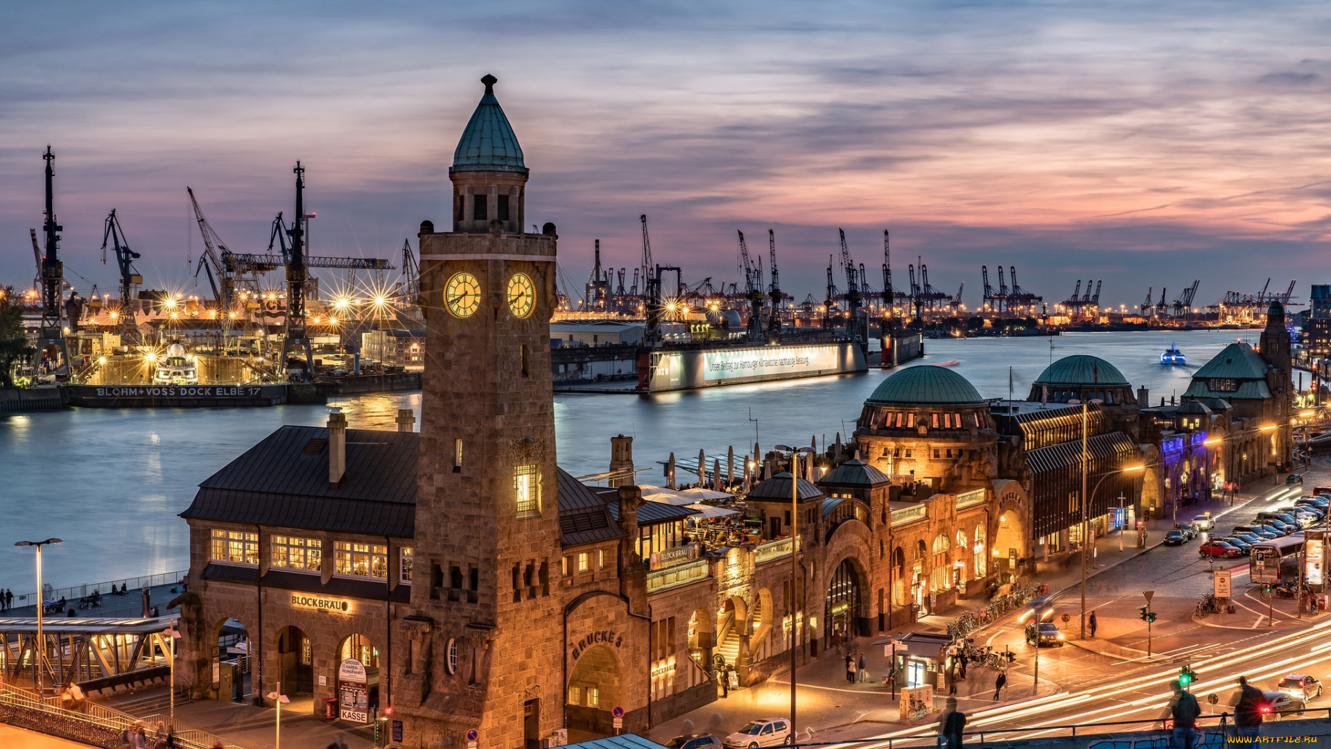 города, гамбург, , германия, кран, дома, гамбург, порт, огни, башня, ночь