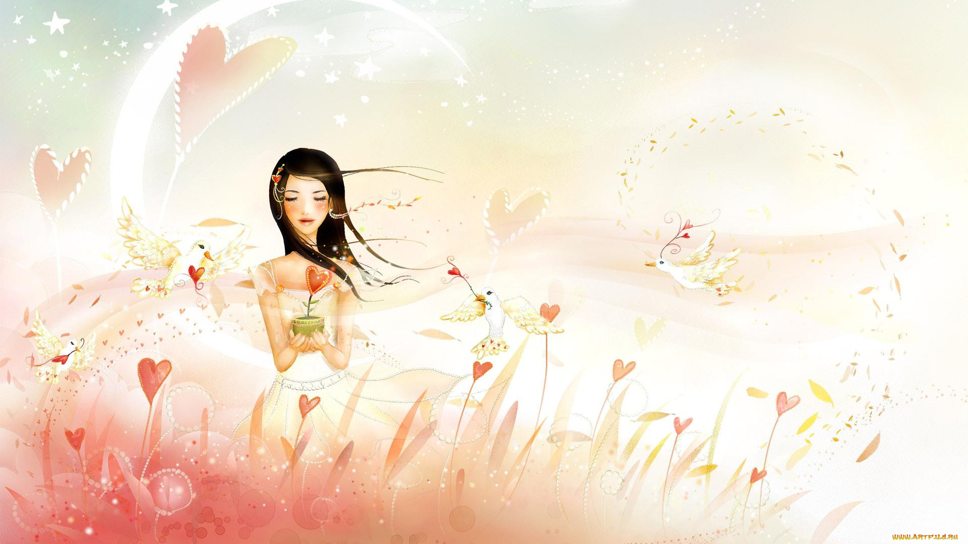 рисованное, люди, сердечки, цветы, девушка