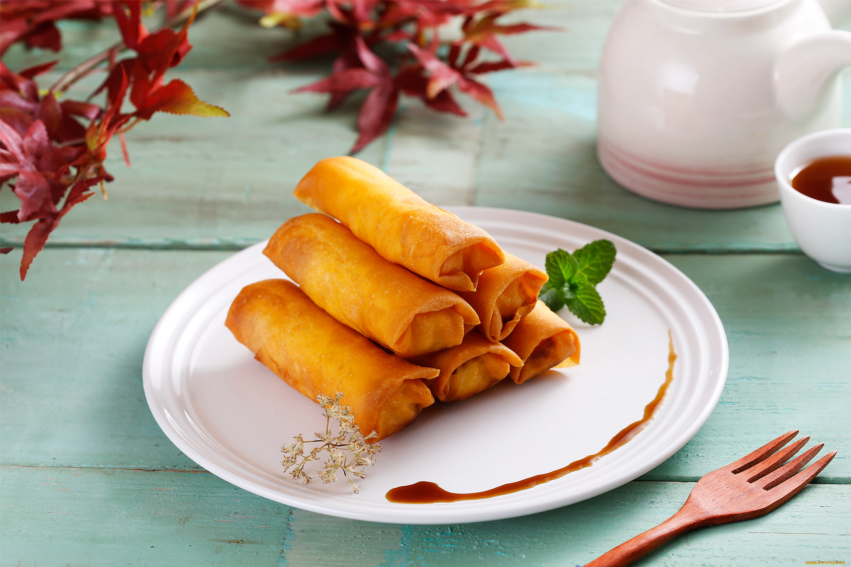 еда, блины, , оладьи, вилка, мята, блинчики