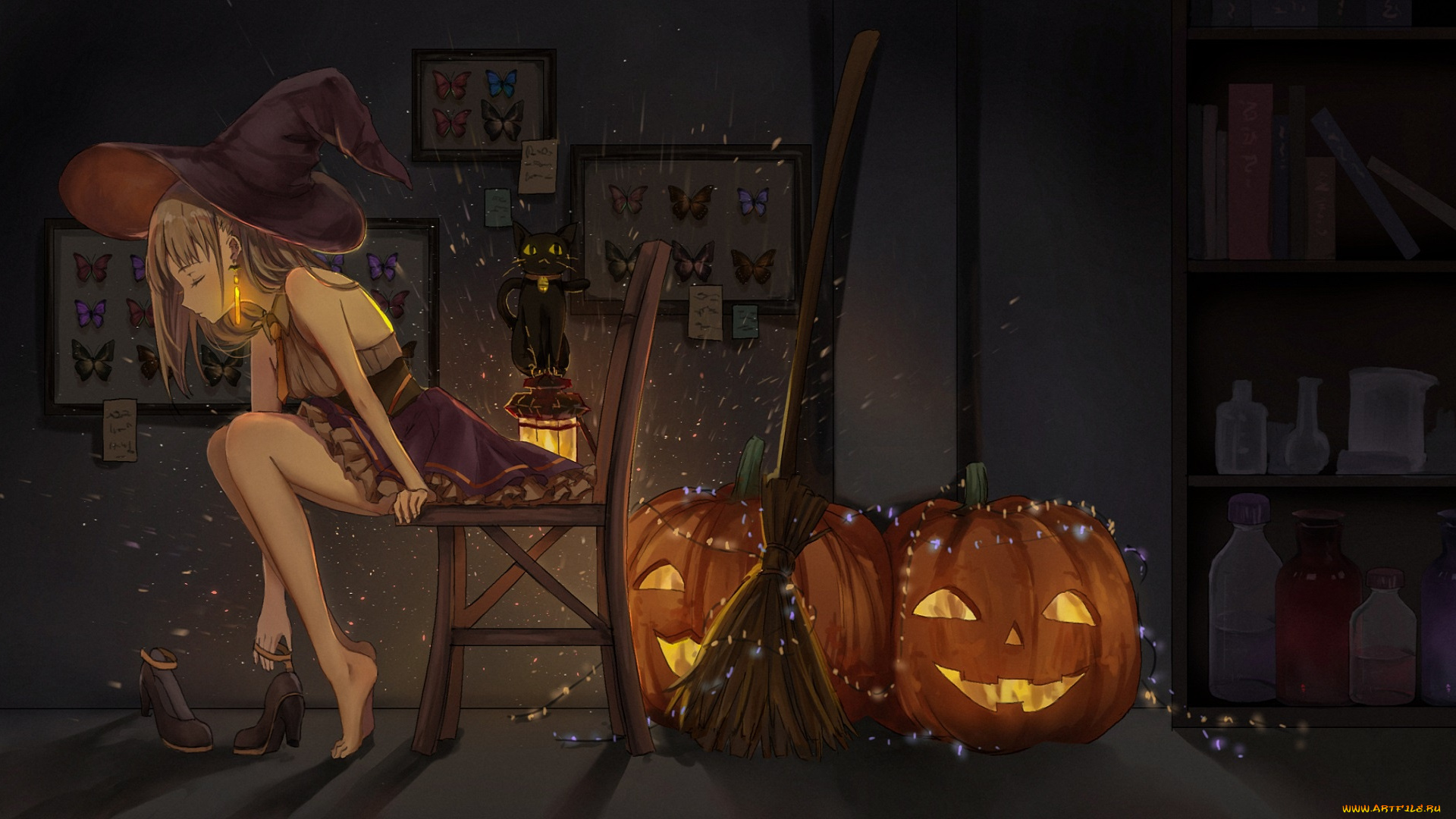 аниме, магия, , колдовство, , halloween, halloween, колдовство, черный, кот, светильник, джека, black, cat, witch, склянки, шляпа, ведьмы, ведьмочка, черная