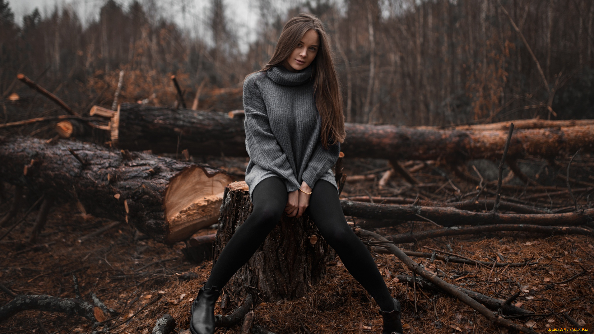 девушка, девушки, -unsort, , брюнетки, темноволосые, модель, женщины, на, природе, сидя, обувь, деревья, кольцо, в, носу, водолазка, улыбается, илья, баранов, юлия, бирюкова, упавшее, дерево