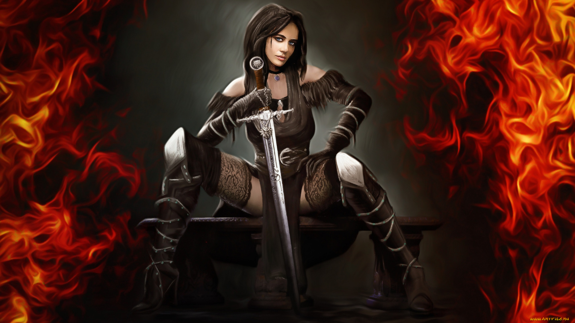 фэнтези, девушки, yennefer, witcher, game, art, madeinkipish, fanart, by, ivan, chibiryak, illustration, арт, меч, огонь, рисунок, девушка