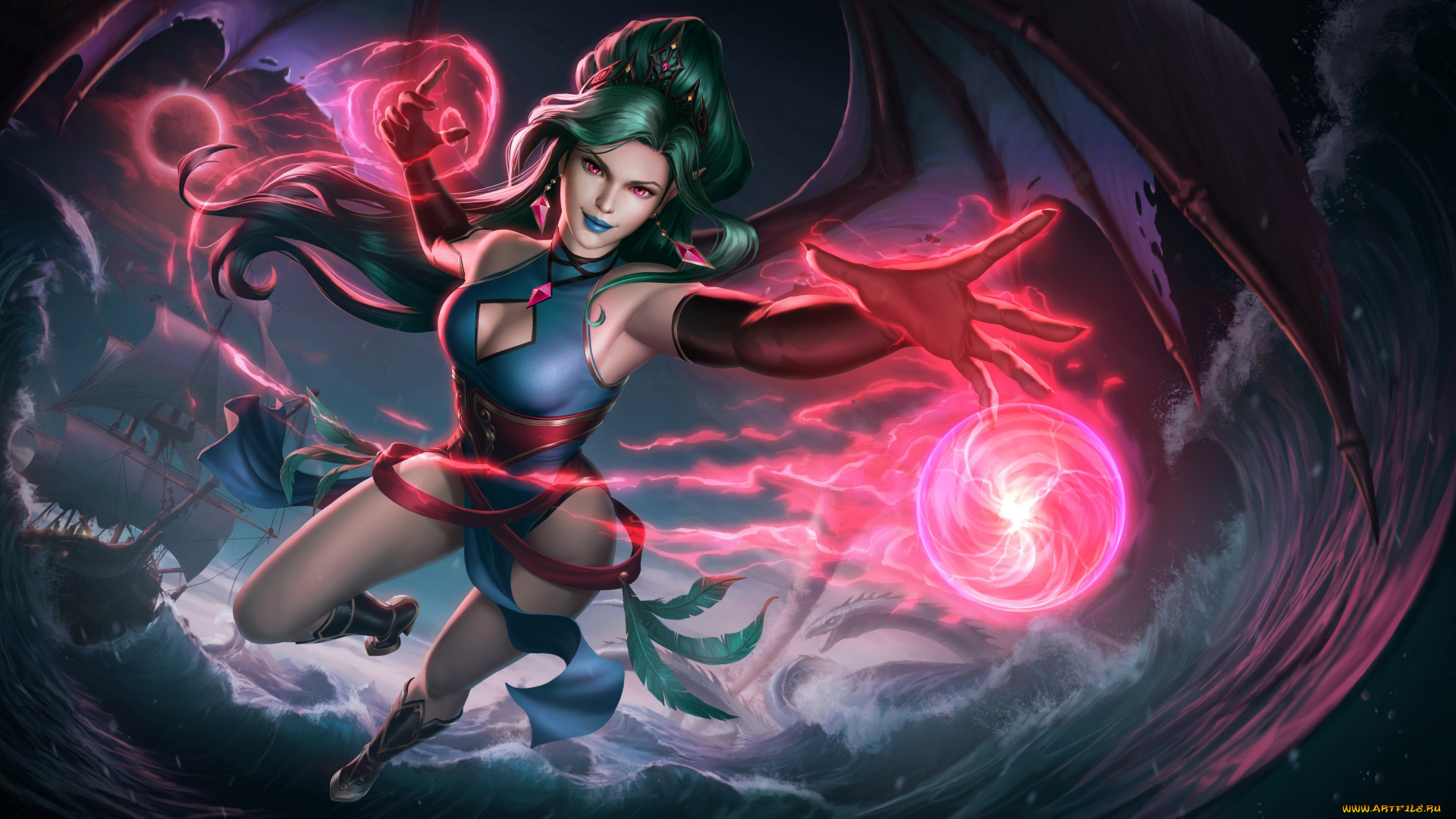 фэнтези, эльфы, взгляд, фон, магия, крылья, улыбка, девушка