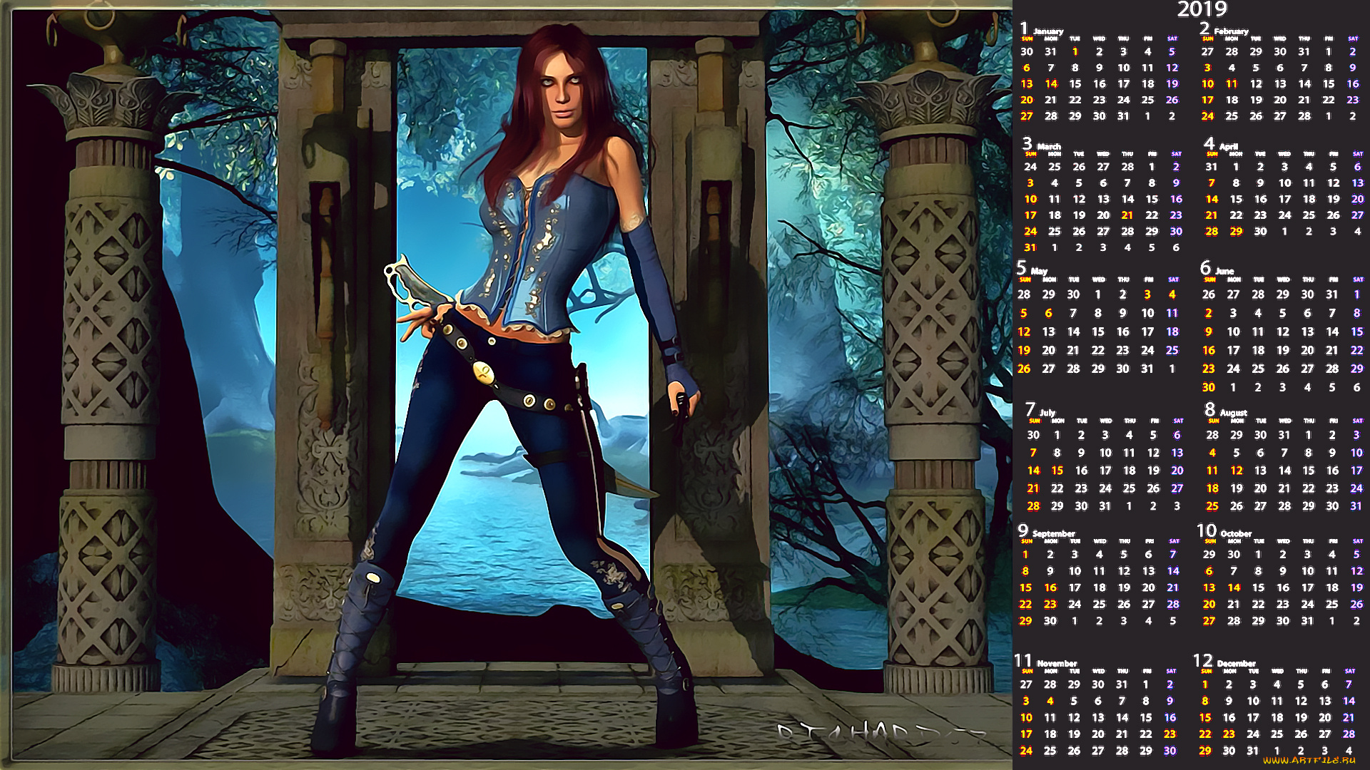 календари, 3д-графика, девушка, взгляд, колонна