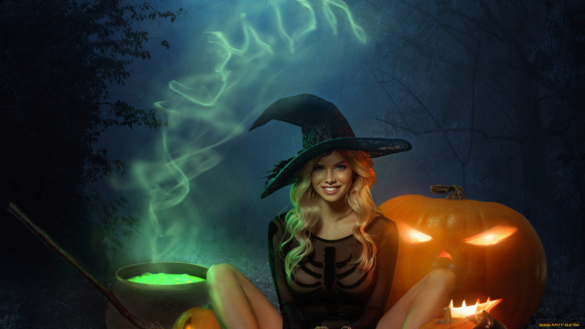 праздничные, хэллоуин, девушка, ночь, шляпа, halloween, тыква, александр, маврин