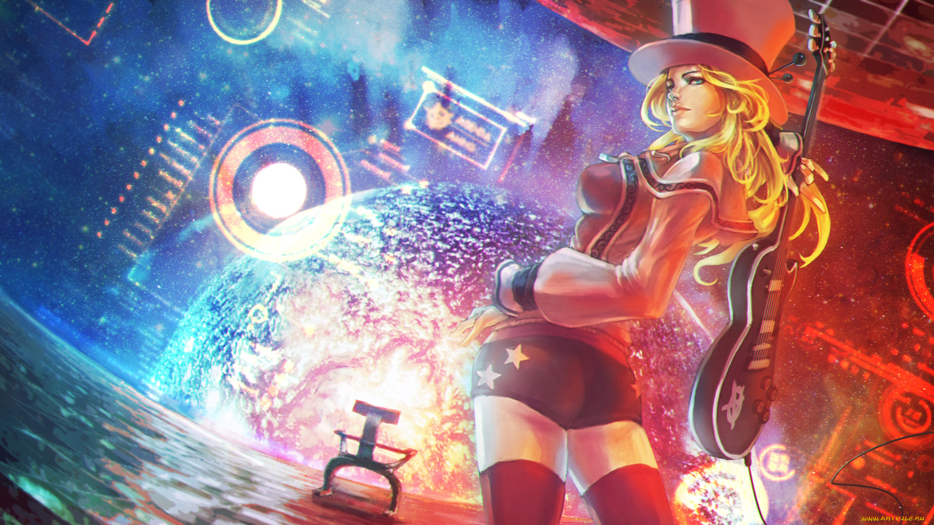 рисованное, комиксы, гитара, взгляд, фон, девушка