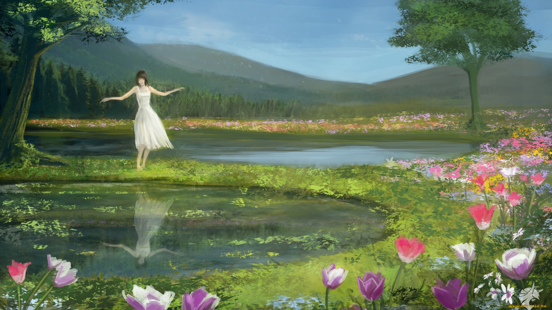 рисованное, природа, девушка