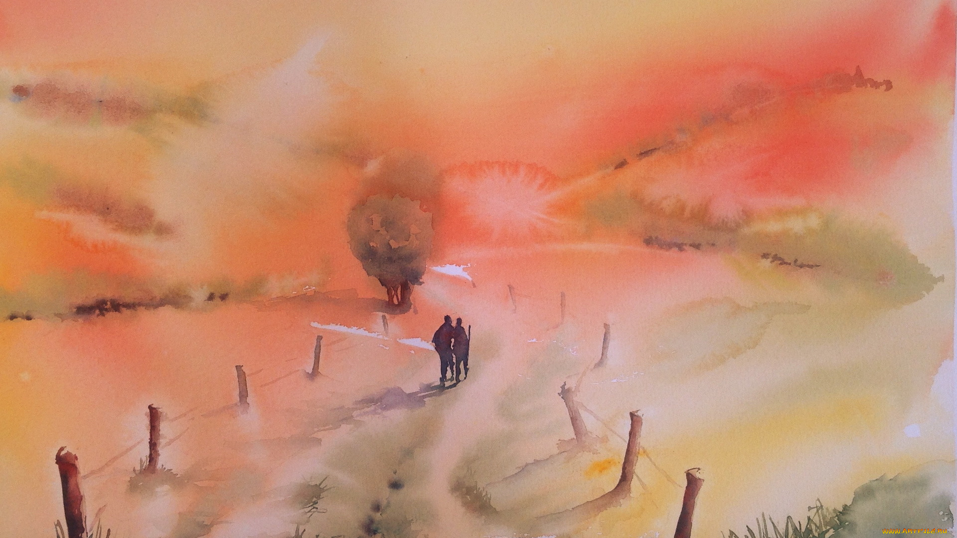 рисованное, живопись, столбы, дорога, горы, люди, закат