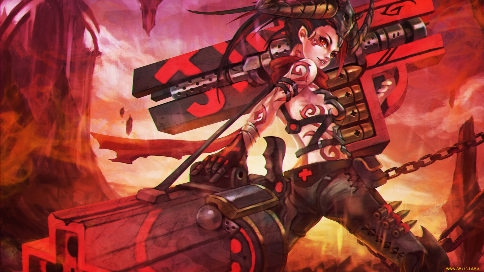 видео, игры, league, of, legends, оружие, рога, взгляд, фон, девушка