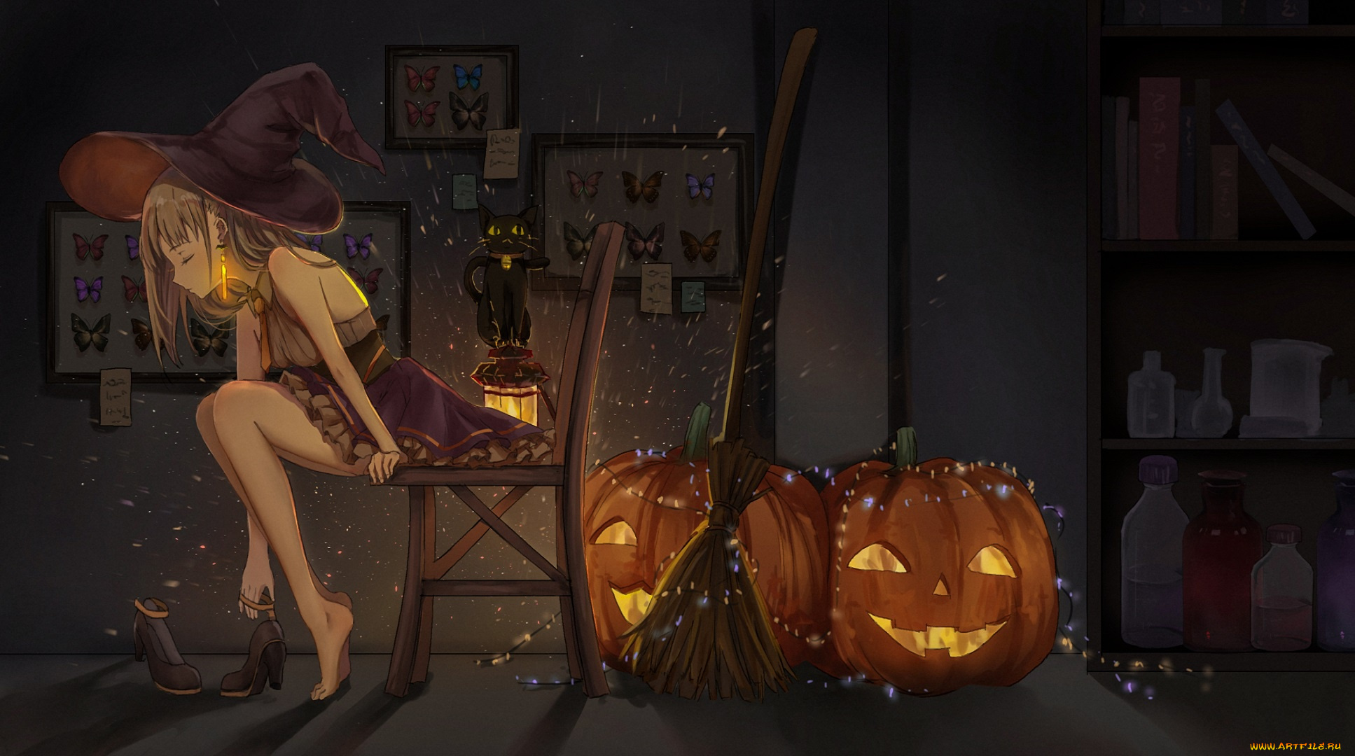 аниме, магия, , колдовство, , halloween, halloween, колдовство, черный, кот, светильник, джека, black, cat, witch, склянки, шляпа, ведьмы, ведьмочка, черная