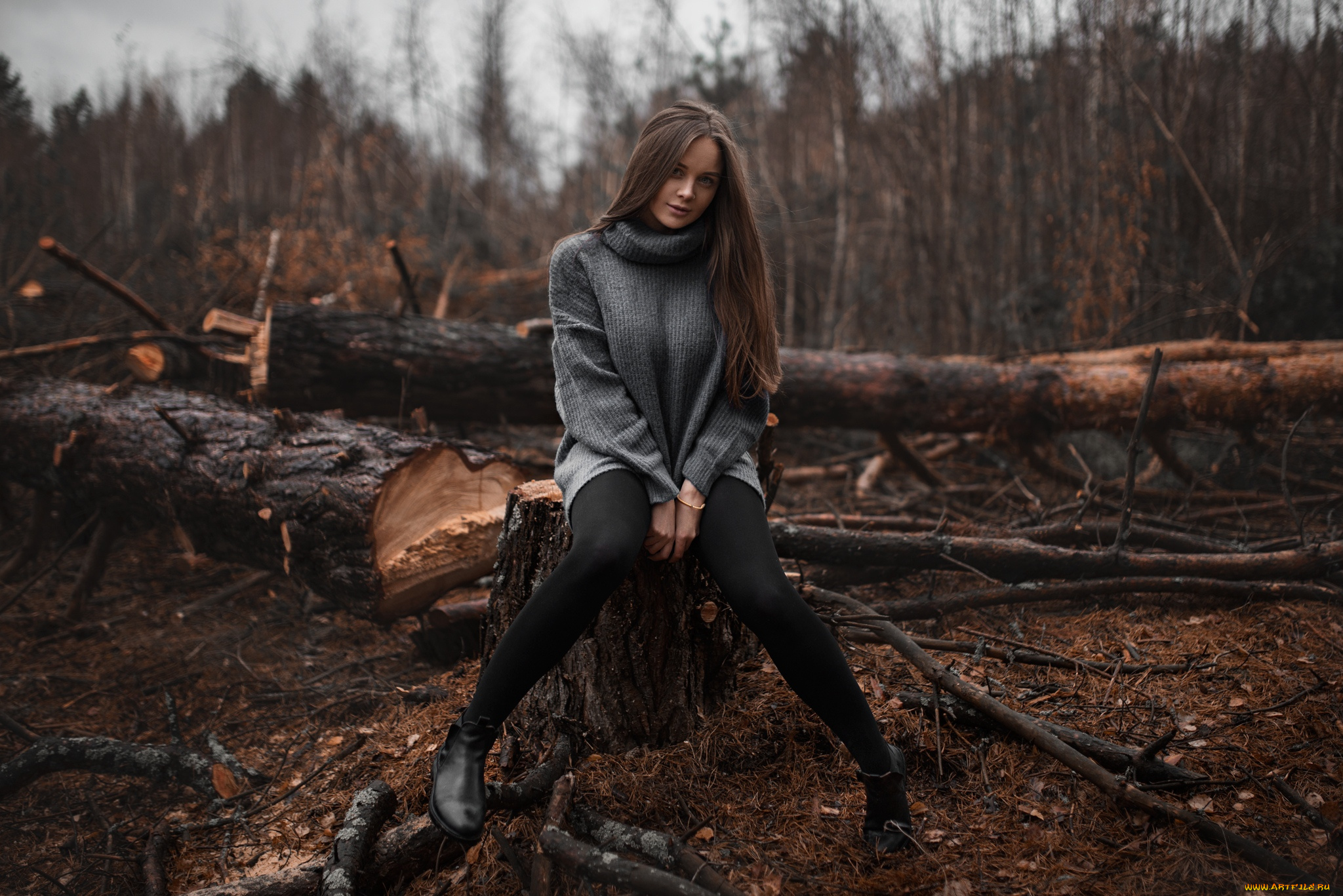 девушка, девушки, -unsort, , брюнетки, темноволосые, модель, женщины, на, природе, сидя, обувь, деревья, кольцо, в, носу, водолазка, улыбается, илья, баранов, юлия, бирюкова, упавшее, дерево