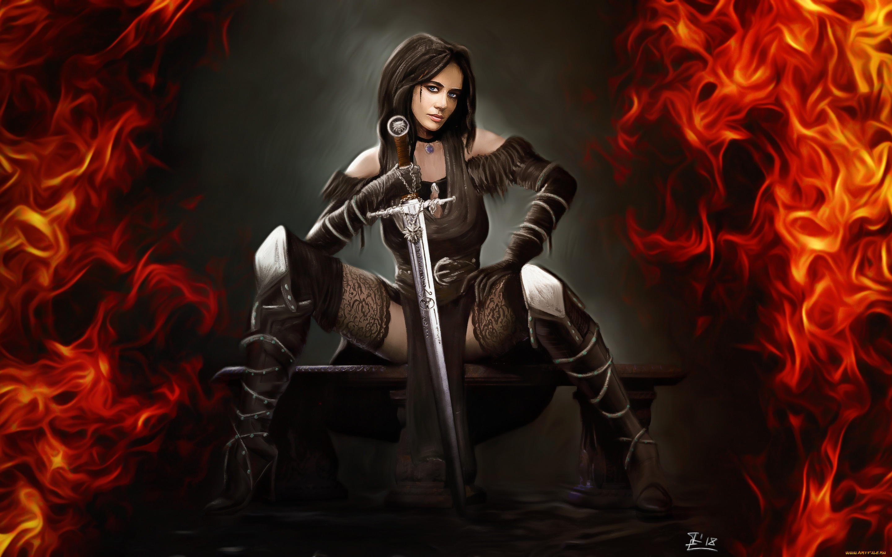 фэнтези, девушки, yennefer, witcher, game, art, madeinkipish, fanart, by, ivan, chibiryak, illustration, арт, меч, огонь, рисунок, девушка