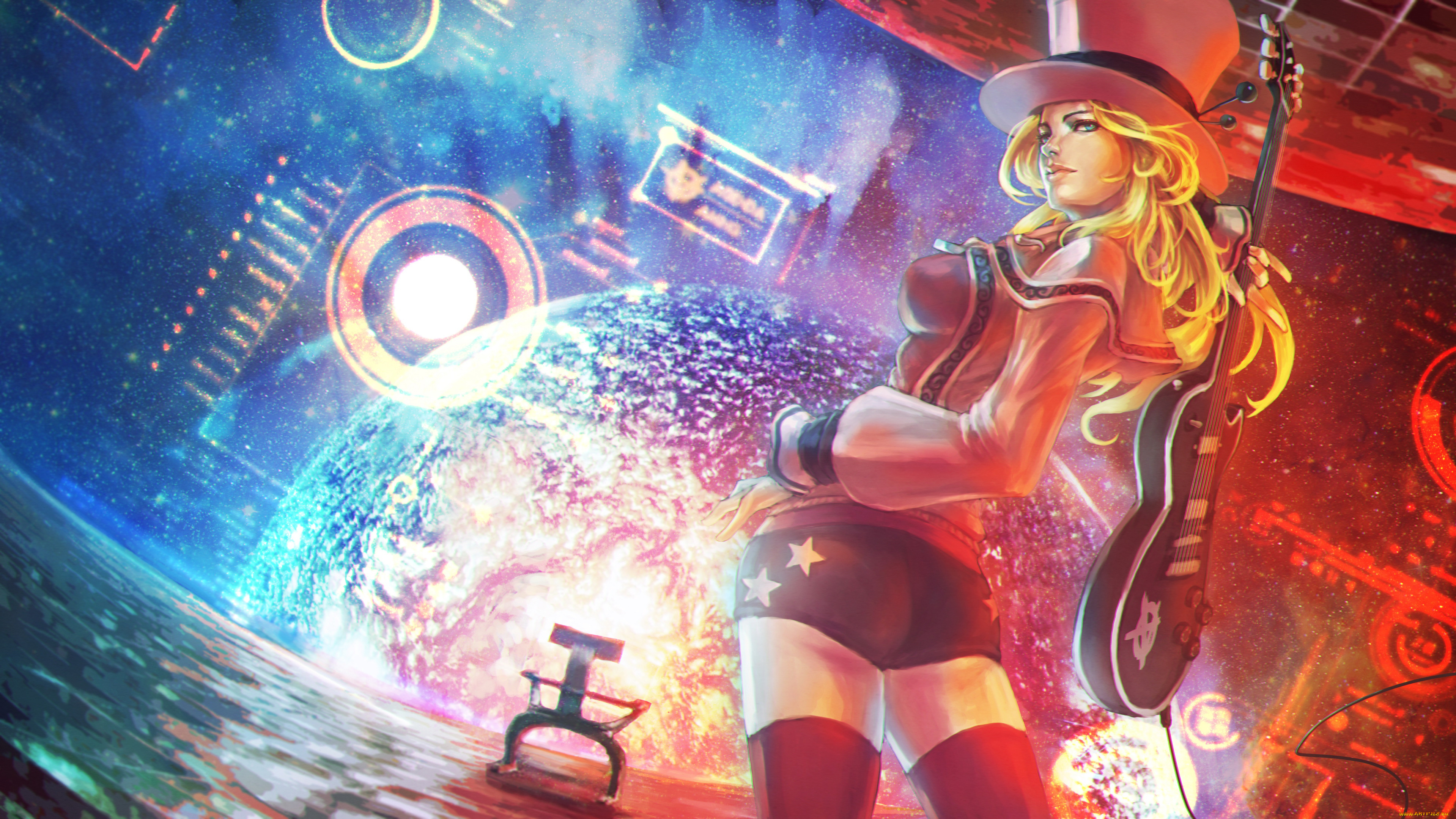 рисованное, комиксы, гитара, взгляд, фон, девушка