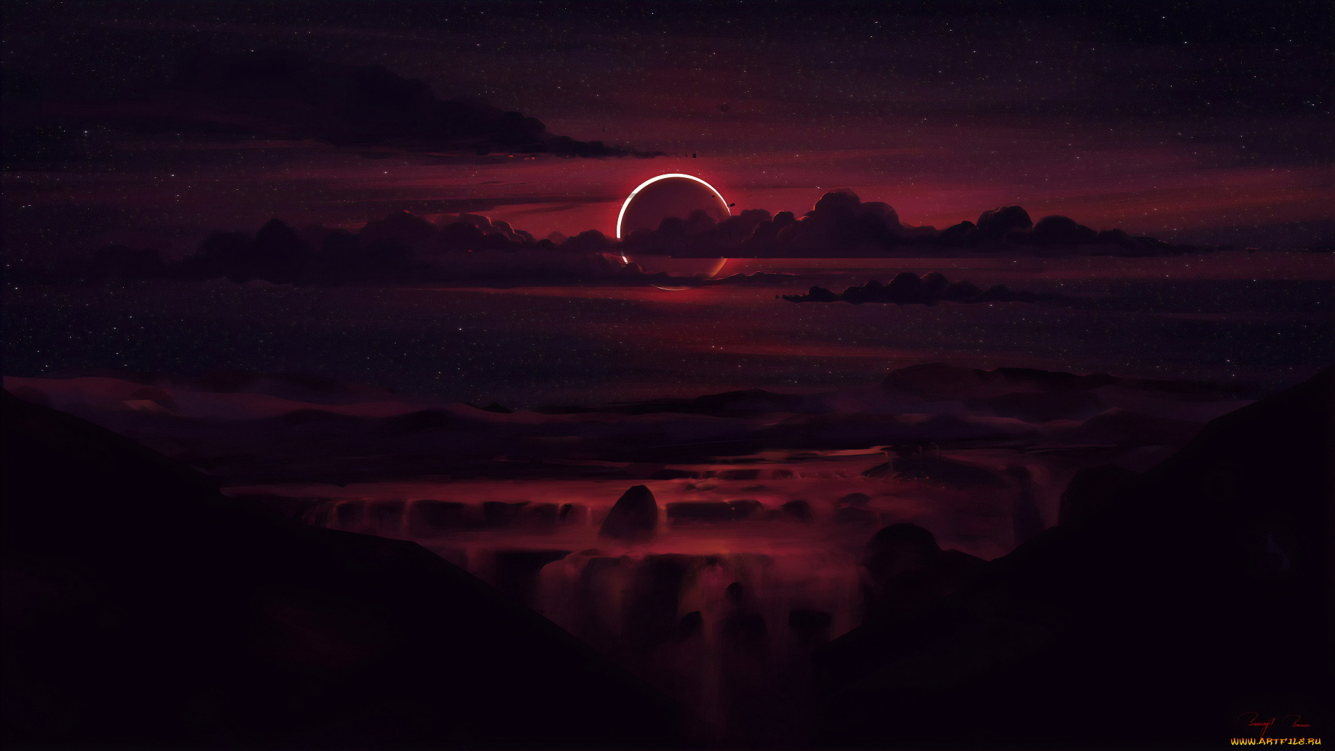 3д, графика, природа, , nature, skyscape, произведение, искусства, лучи, солнца, цифровое, искусство, небо, цифровая, живопись, рисунок, солнечное, затмение, облака, cолнце, ночное, звезды, темная, ночь, сумрак