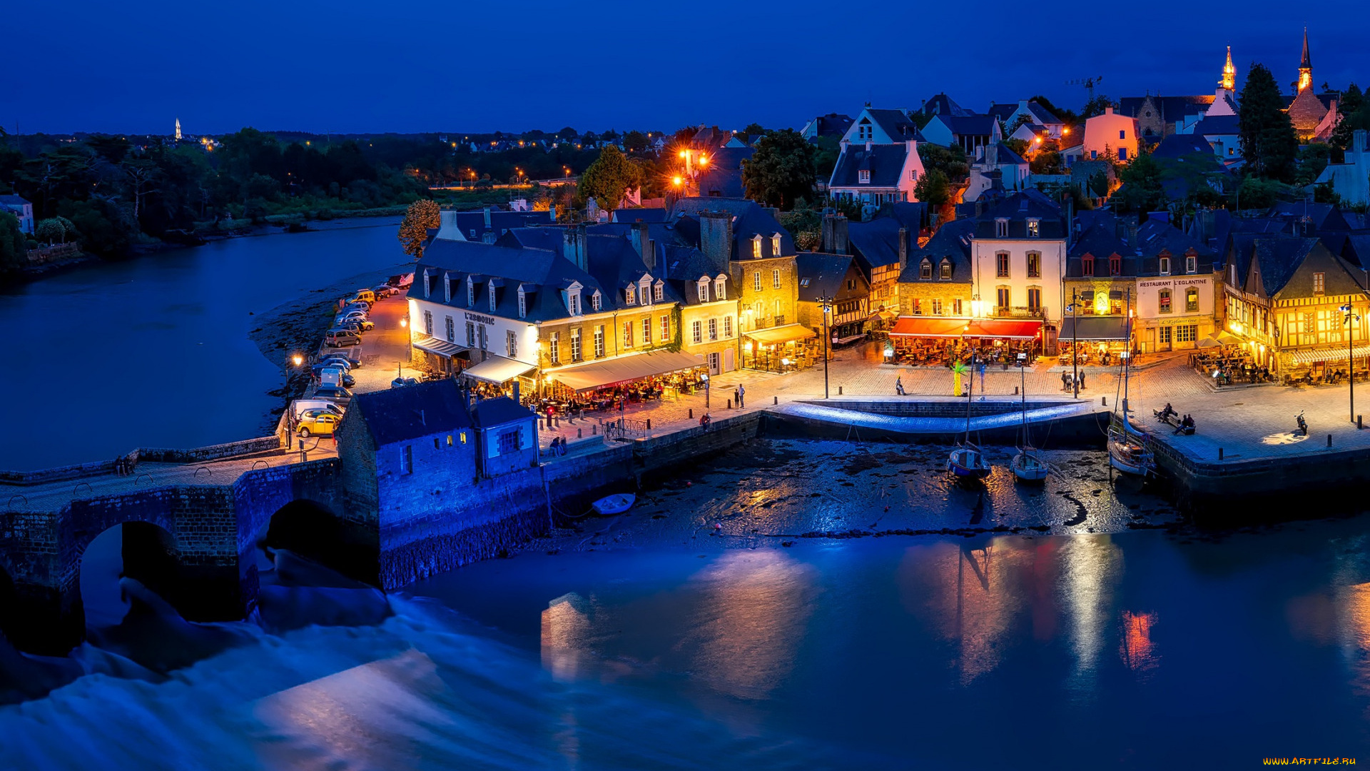 auray, , morbihan, , brittany, france, города, -, огни, ночного, города, вечер, закат, город, коммуна, река, франция, британия, морбиан