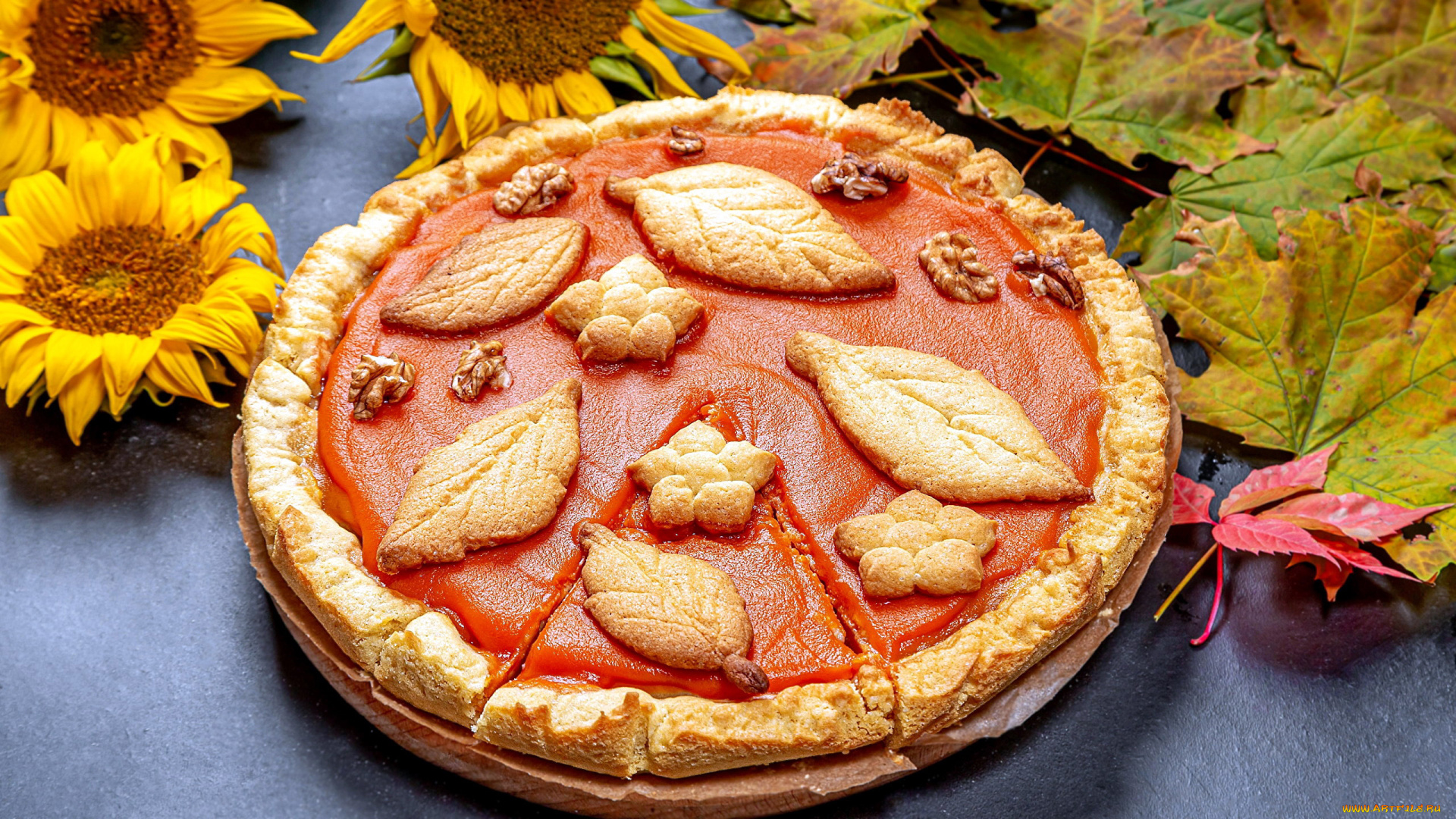 еда, пироги, листья, подсолнух, пирог, осенний