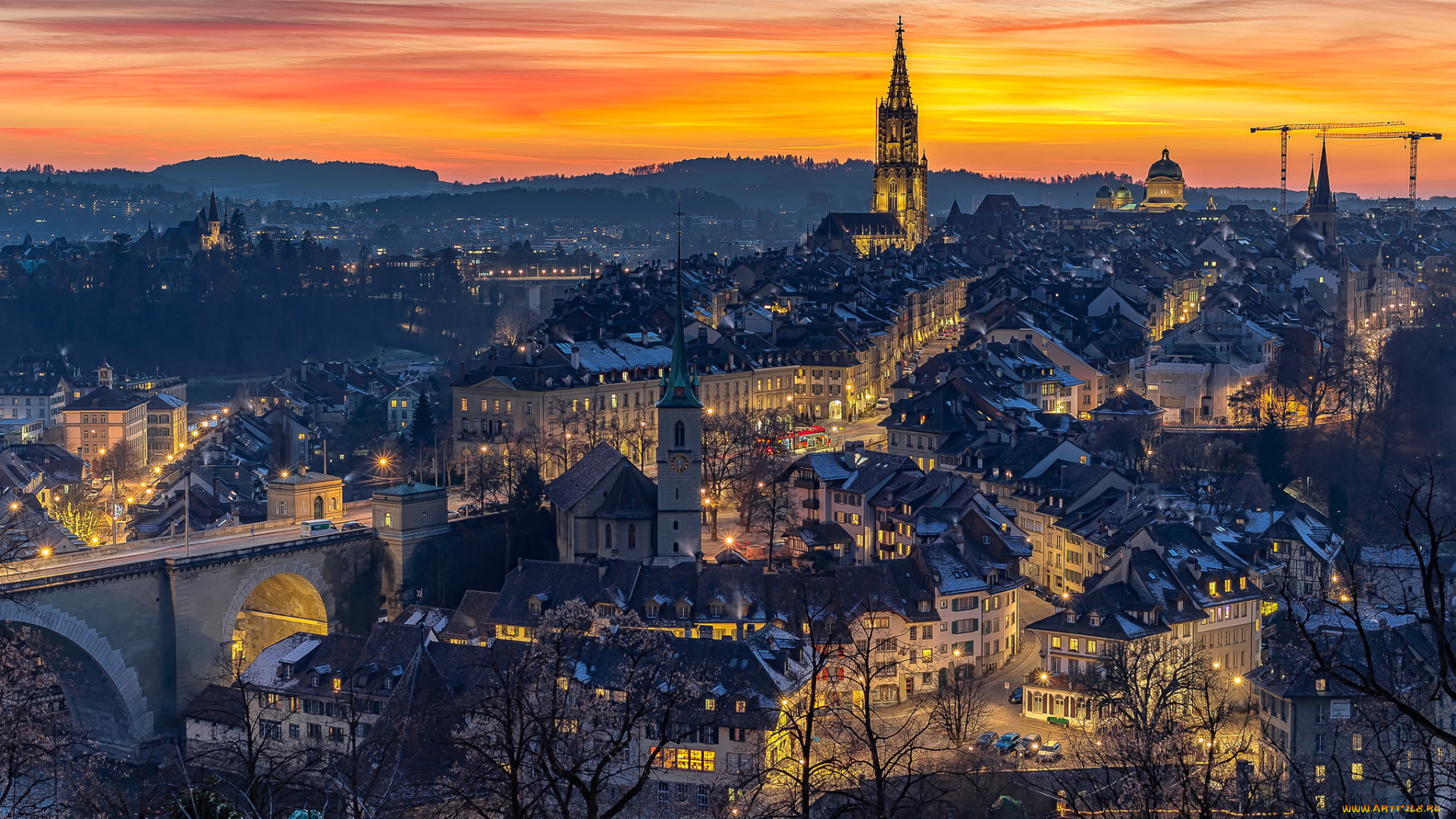 города, берн, , швейцария, вечер, панорама, огни, закат, мост