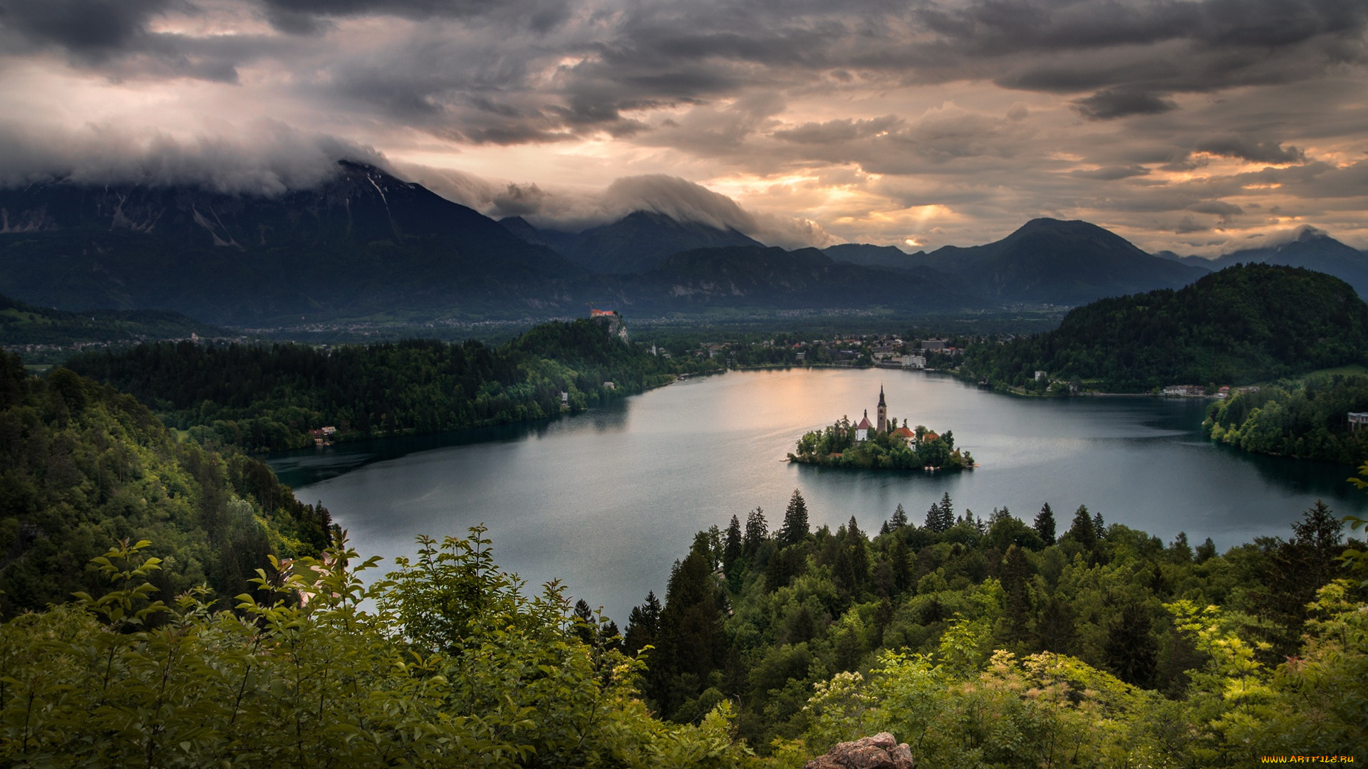 города, блед, , словения, панорама, горы, остров, озеро