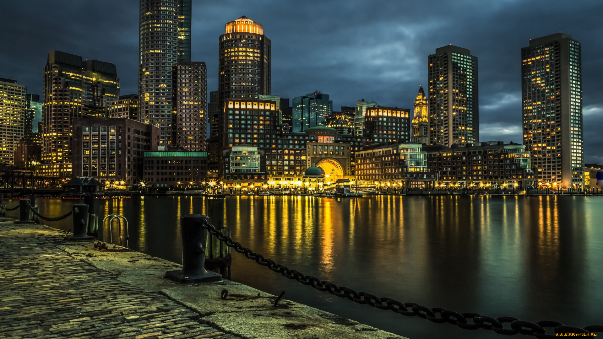 города, бостон, , сша, река, вечер, небоскребы, туман