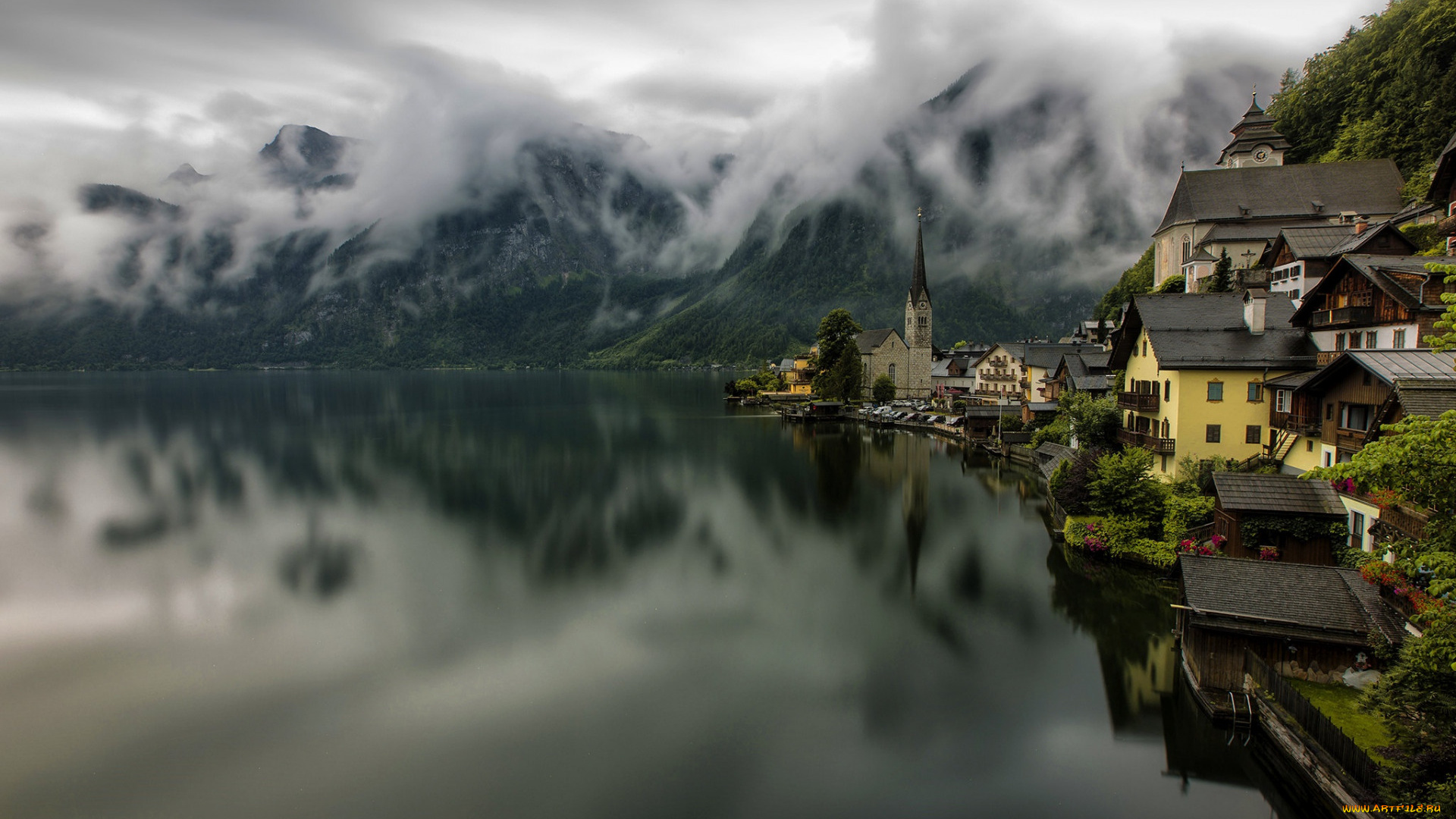 города, гальштат, , австрия, горы, озеро, туман