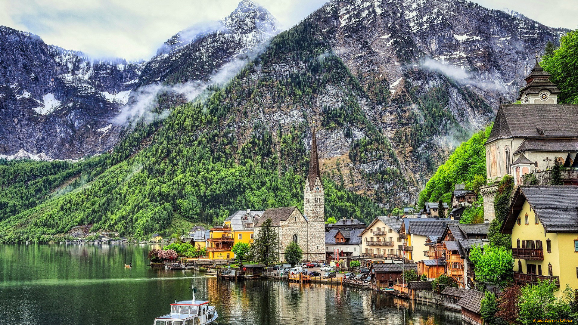 города, гальштат, , австрия, отражение, облака, горы, озеро