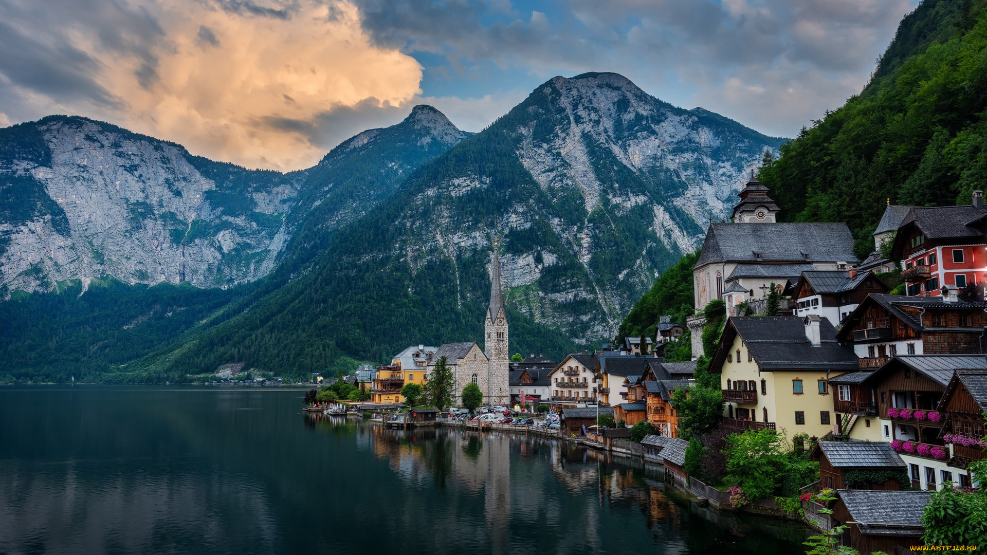 города, гальштат, , австрия, отражение, облака, горы, озеро