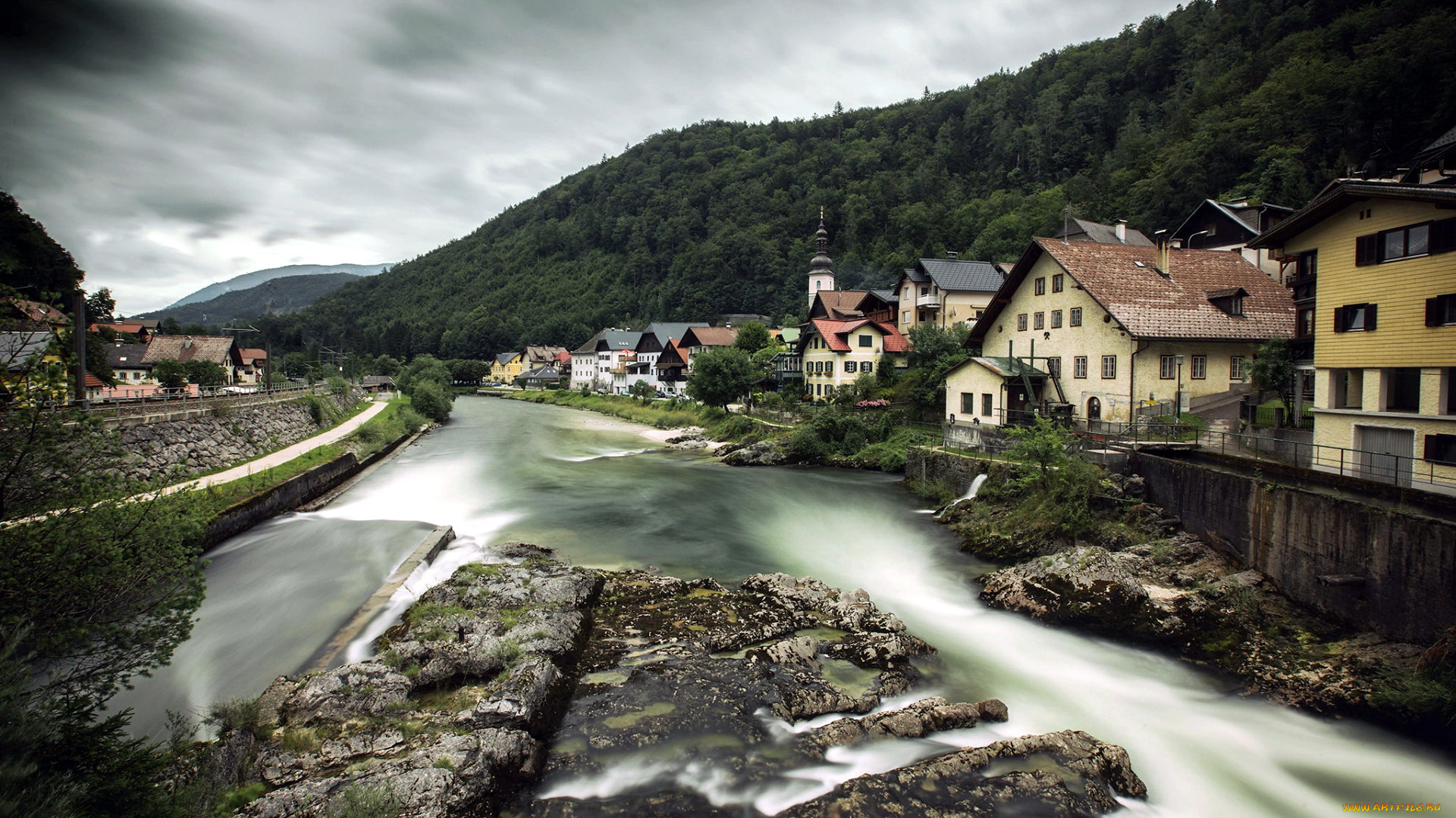 города, гальштат, , австрия, река, горы