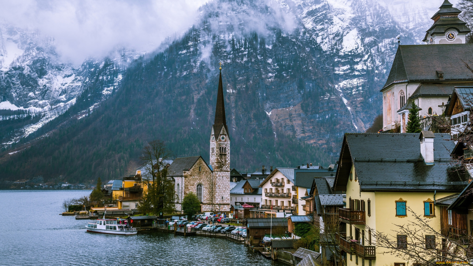 города, гальштат, , австрия, туман, горы, озеро